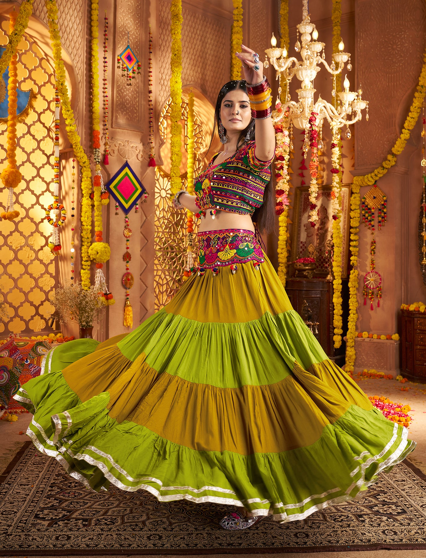 Multi Color Traditional Viscose Cotton Premium Navratri Lehenga Choli
