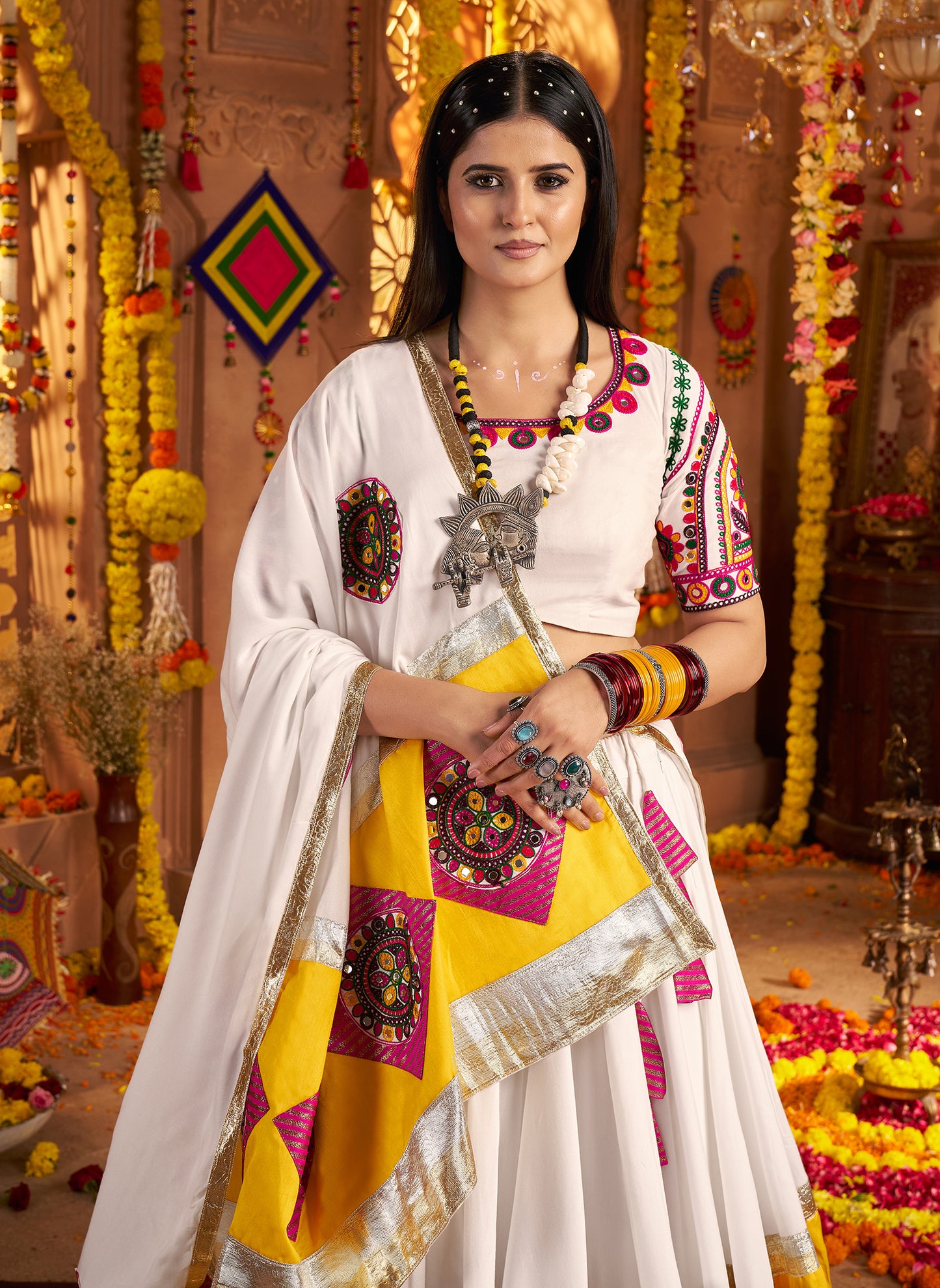 White Viscose Cotton Premium Navratri Lehenga Choli