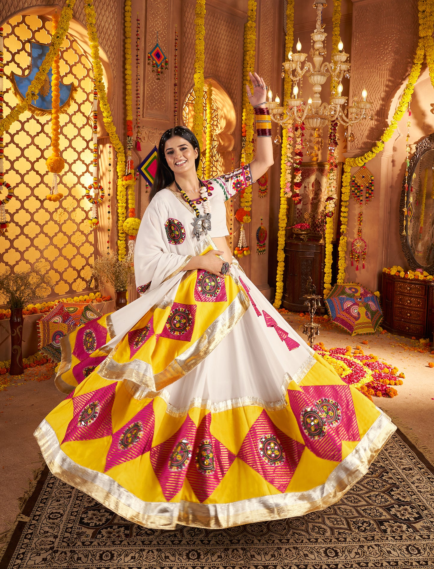 White Viscose Cotton Premium Navratri Lehenga Choli