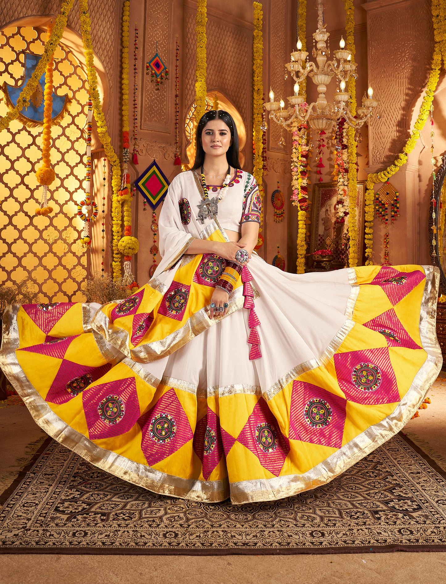 White Viscose Cotton Premium Navratri Lehenga Choli