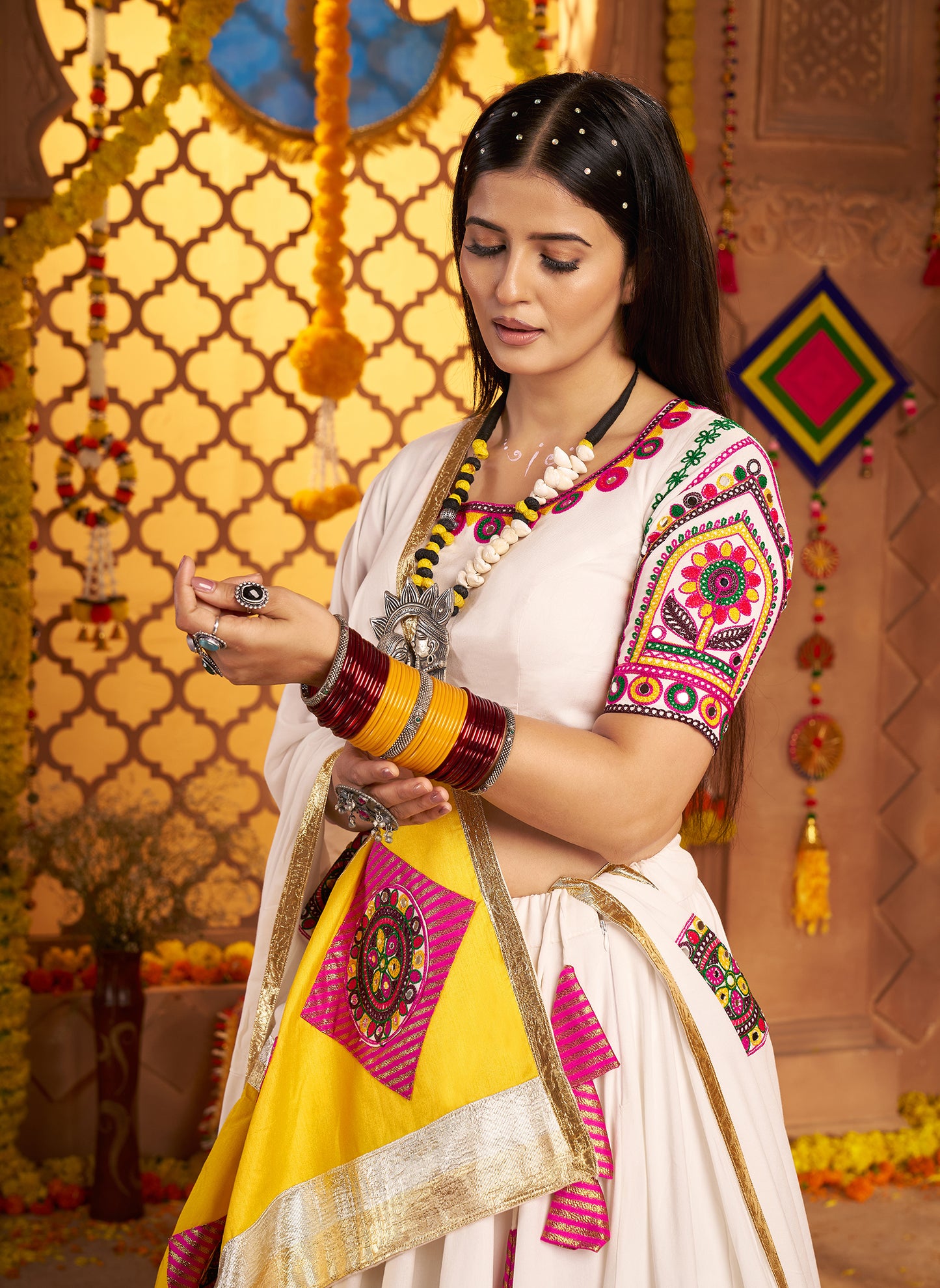White Viscose Cotton Premium Navratri Lehenga Choli