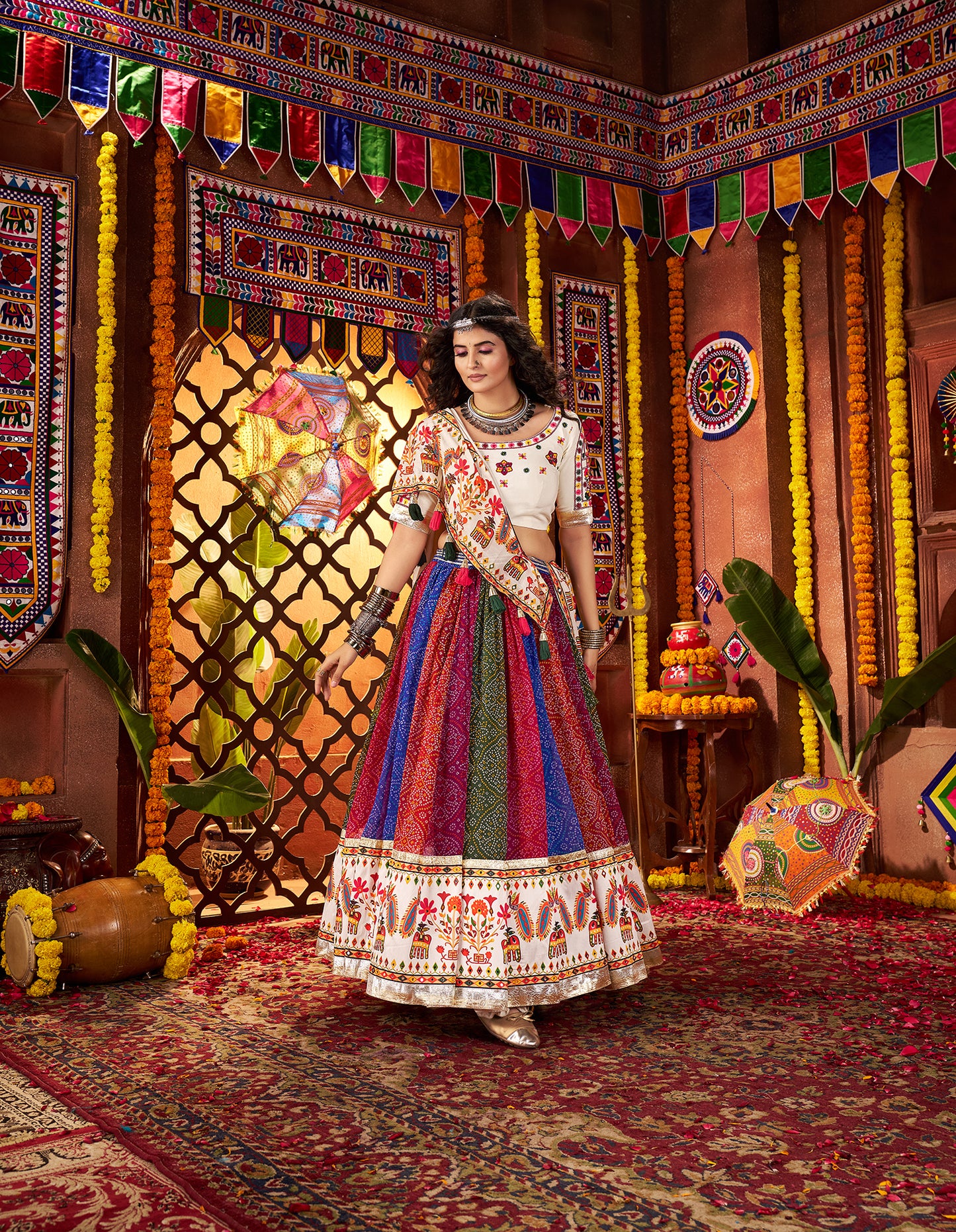 Multi Color Print with Mirror Work Navratri Lehenga Choli
