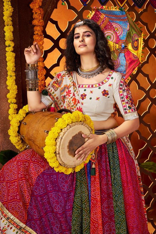 Multi Color Print with Mirror Work Navratri Lehenga Choli