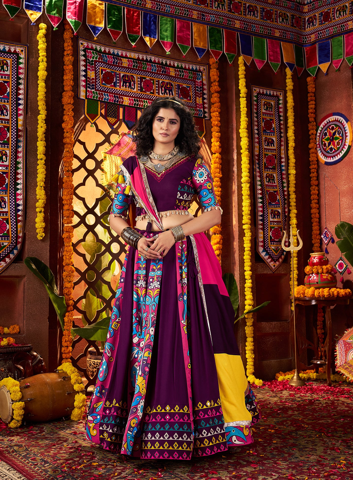 Traditional Purple Viscose Cotton Mirror Work Navratri Lehenga Choli