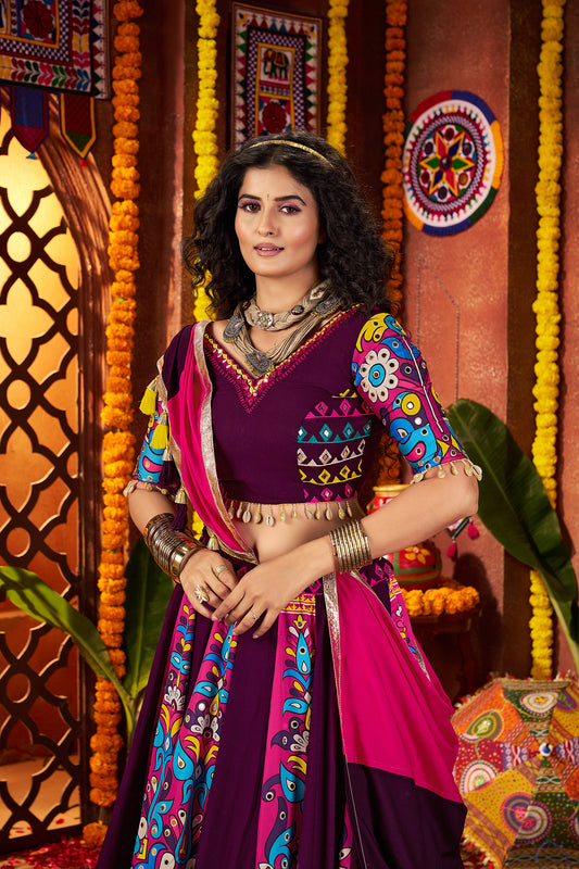 Traditional Purple Viscose Cotton Mirror Work Navratri Lehenga Choli
