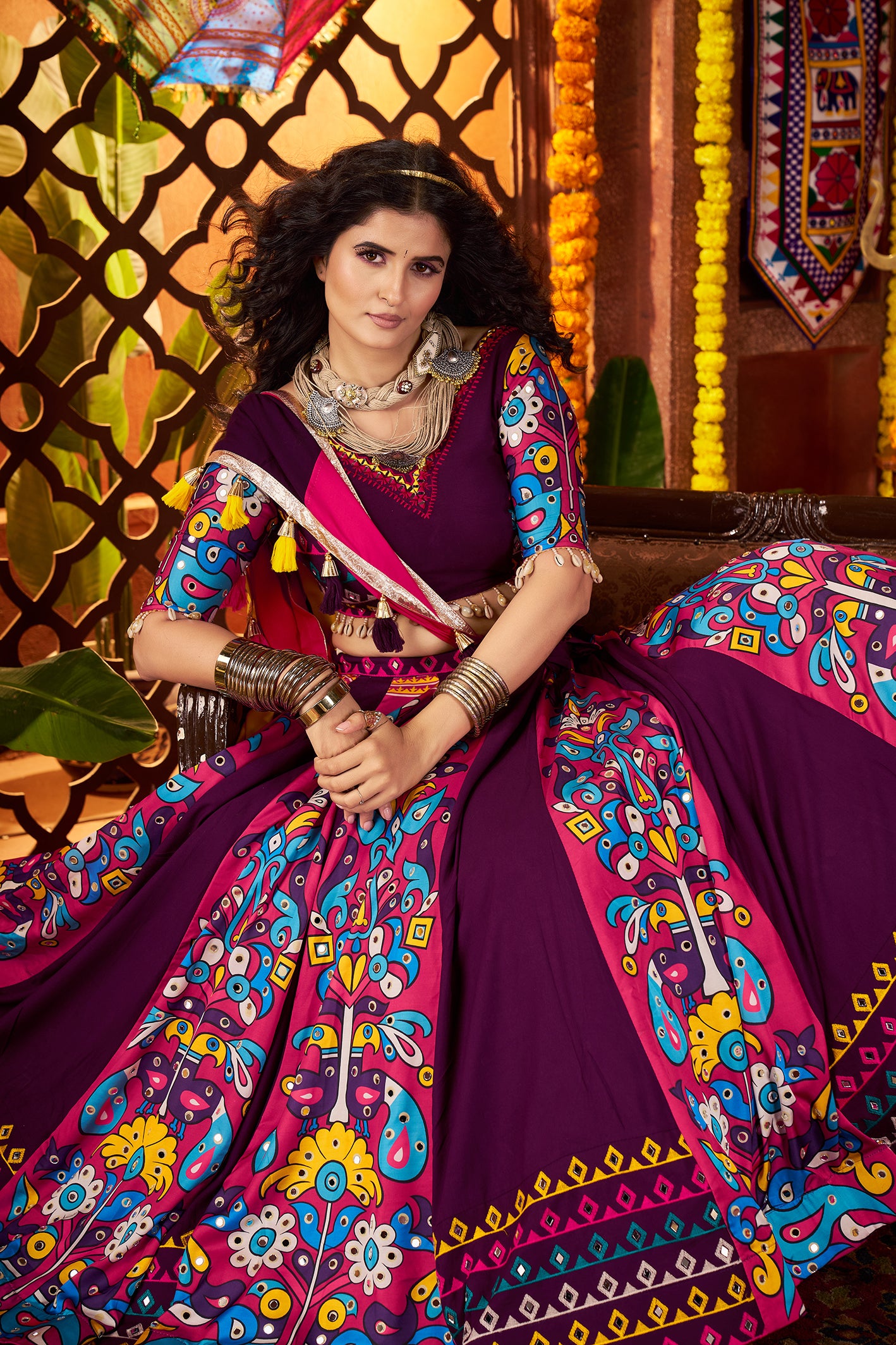 Traditional Purple Viscose Cotton Mirror Work Navratri Lehenga Choli