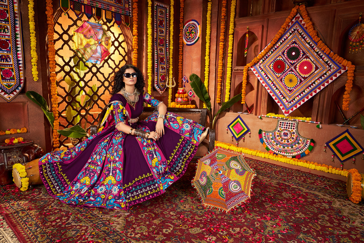 Traditional Purple Viscose Cotton Mirror Work Navratri Lehenga Choli