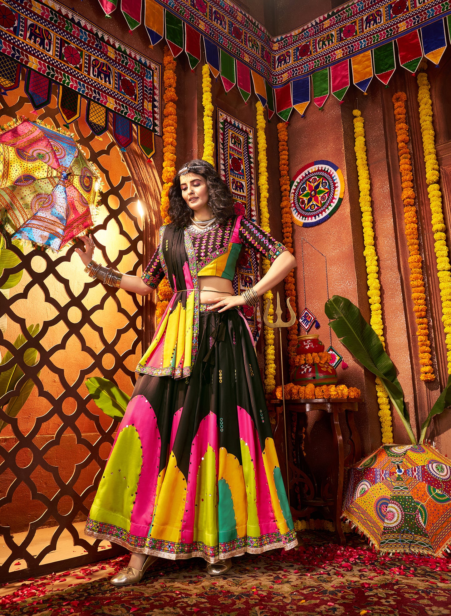 Traditional Black Gajji Silk Mirror Work Navratri Lehenga Choli