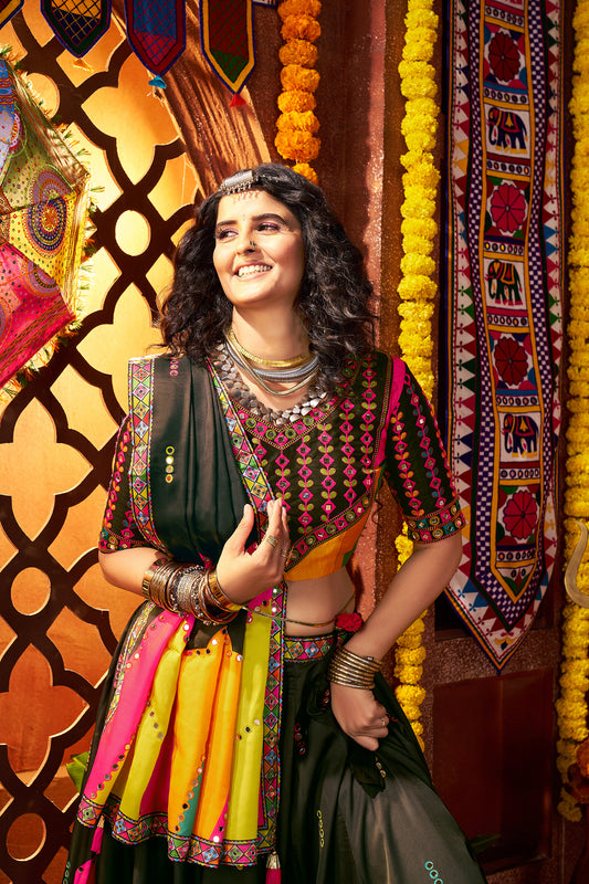 Traditional Black Gajji Silk Mirror Work Navratri Lehenga Choli