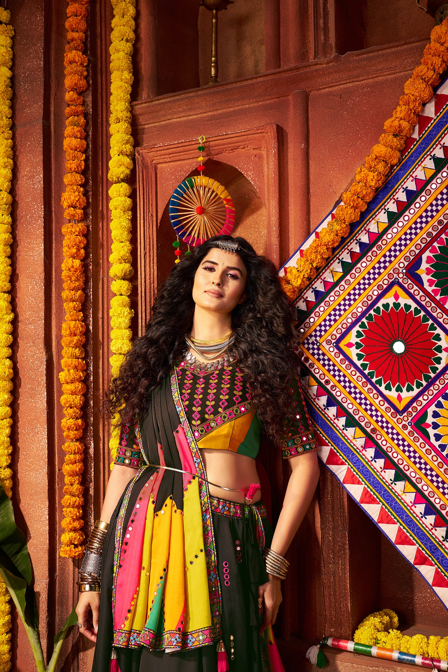 Traditional Black Gajji Silk Mirror Work Navratri Lehenga Choli