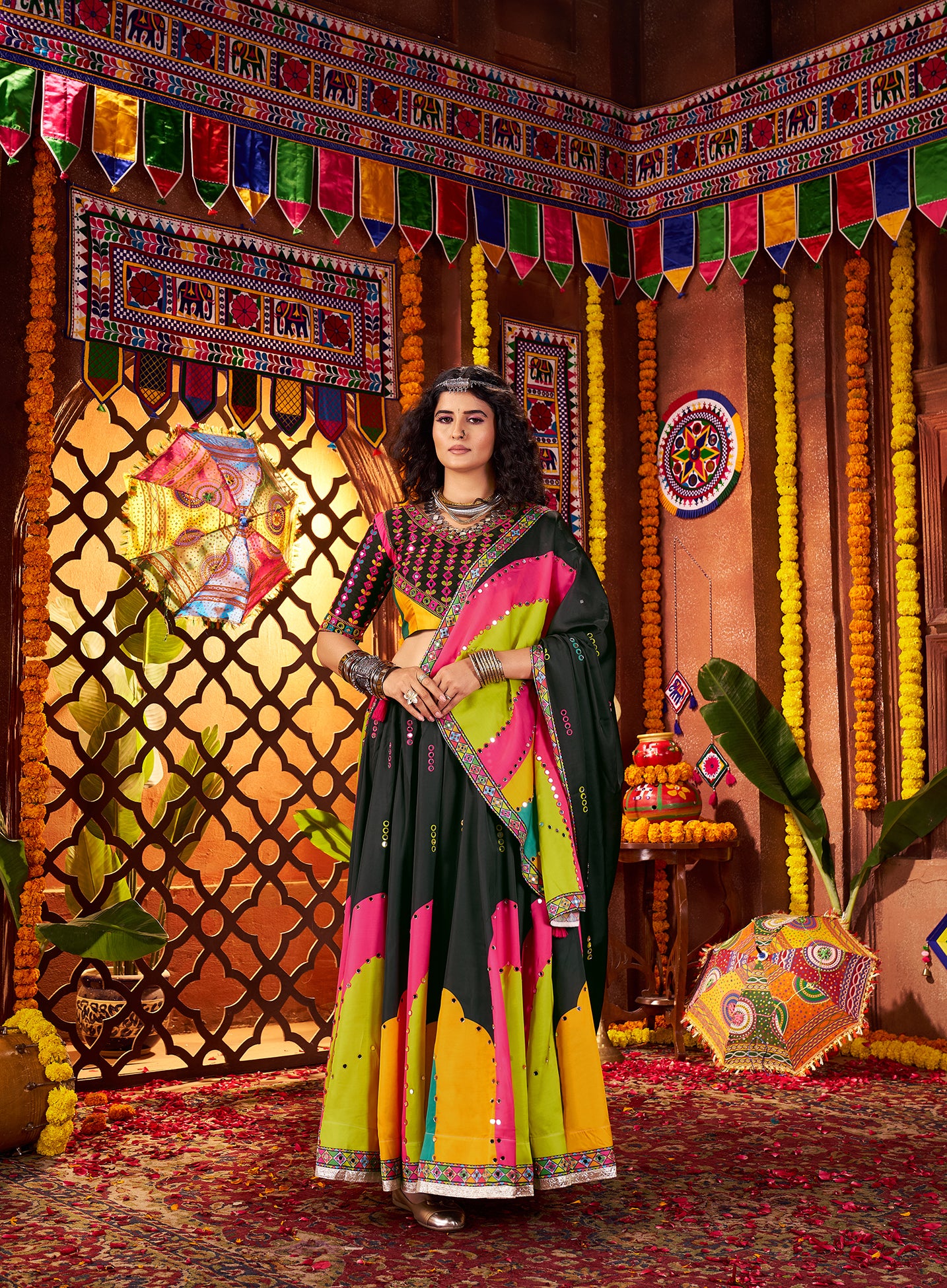 Traditional Black Gajji Silk Mirror Work Navratri Lehenga Choli