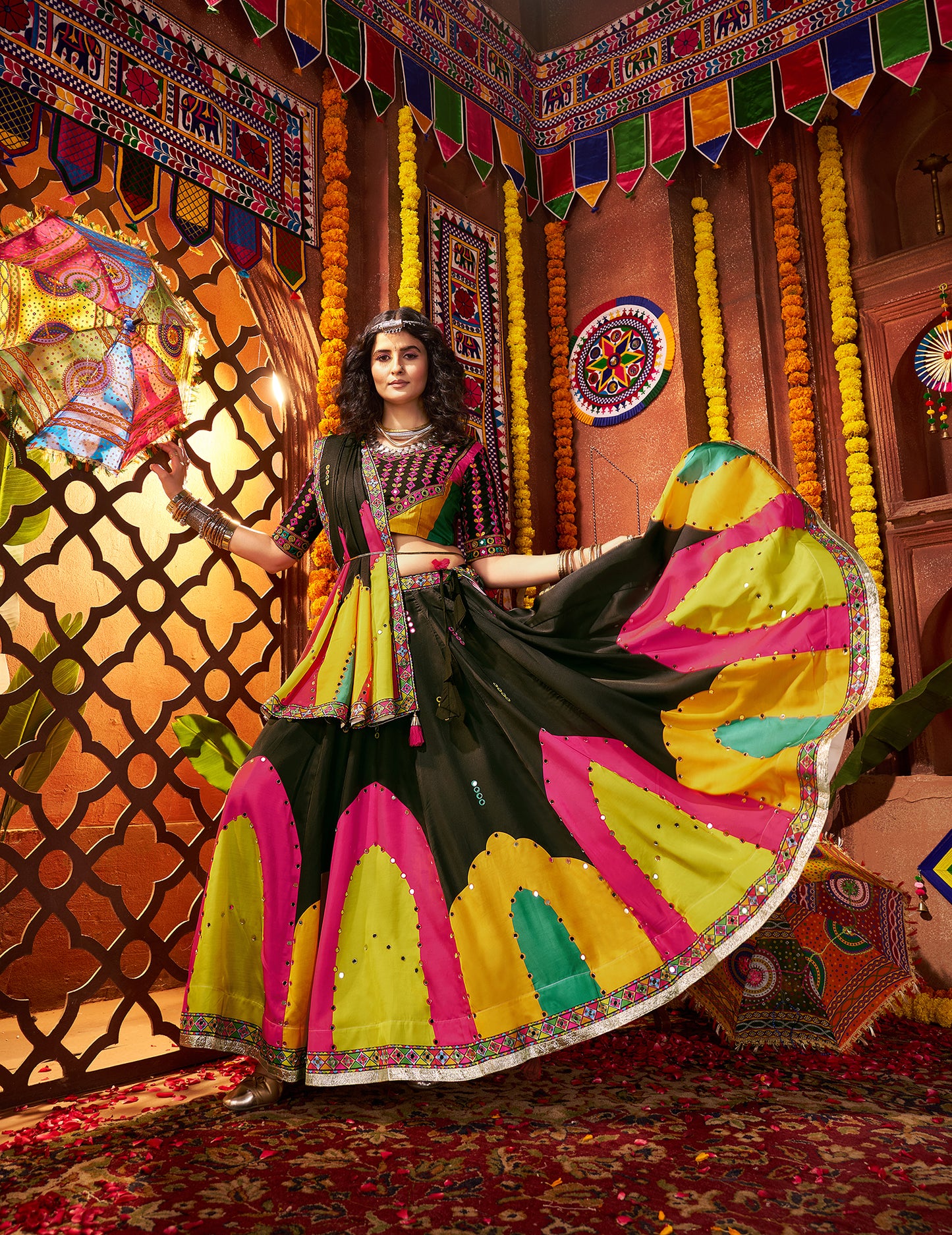 Traditional Black Gajji Silk Mirror Work Navratri Lehenga Choli