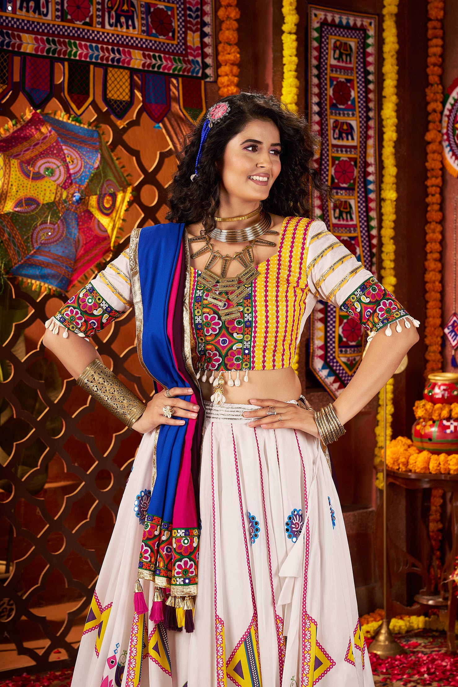 Traditional White Gajji Silk Mirror Work Navratri Lehenga Choli
