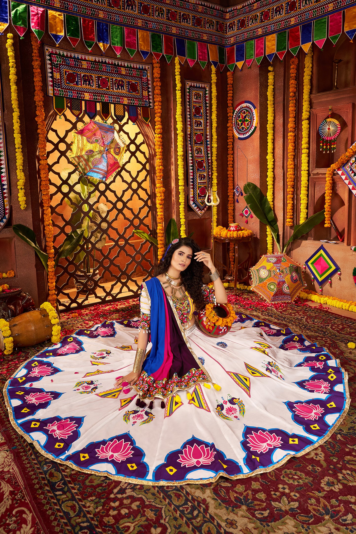 Traditional White Gajji Silk Mirror Work Navratri Lehenga Choli