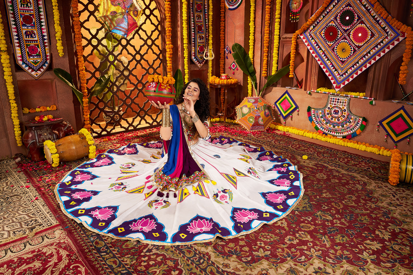 Traditional White Gajji Silk Mirror Work Navratri Lehenga Choli
