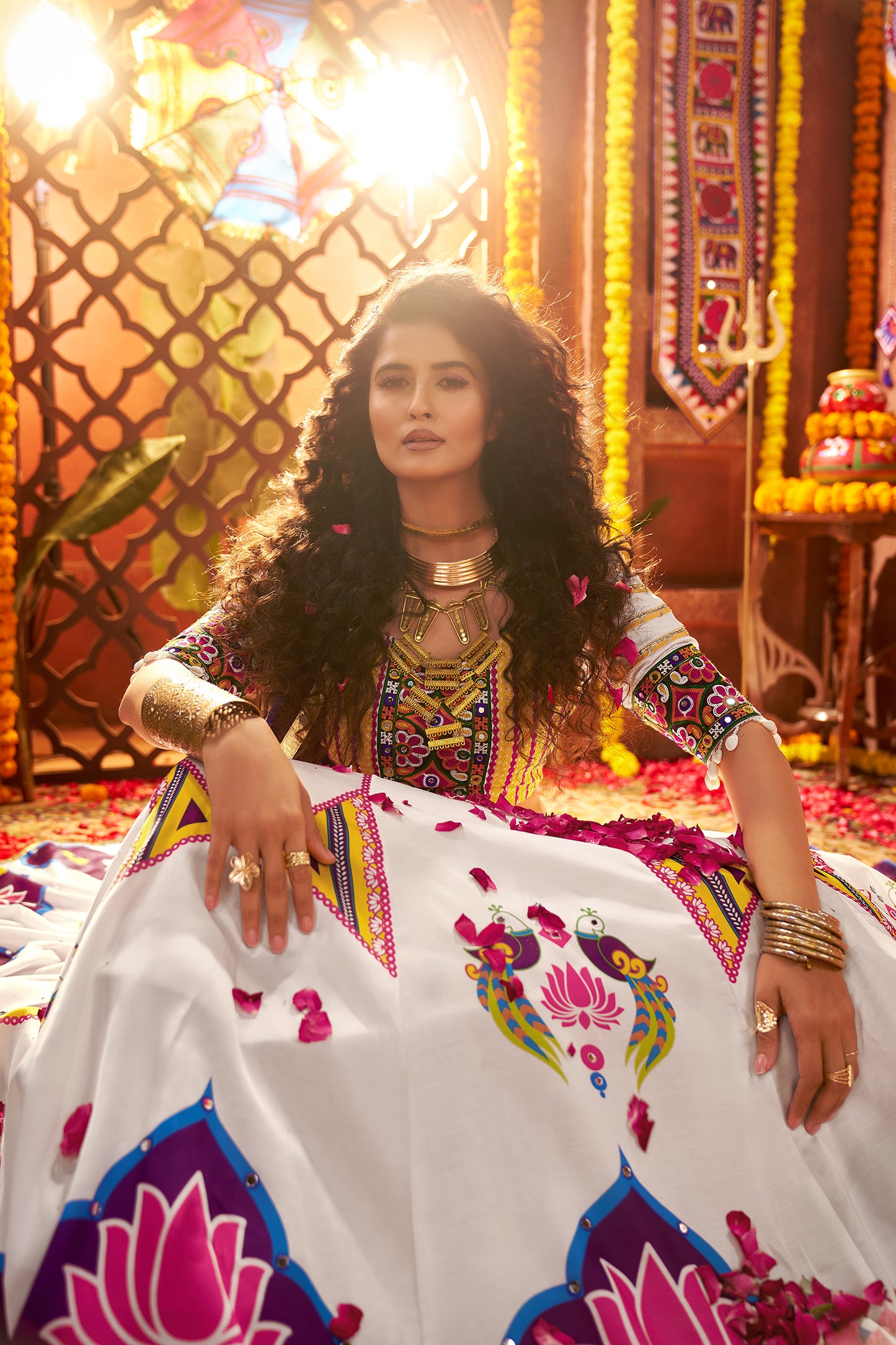 Traditional White Gajji Silk Mirror Work Navratri Lehenga Choli