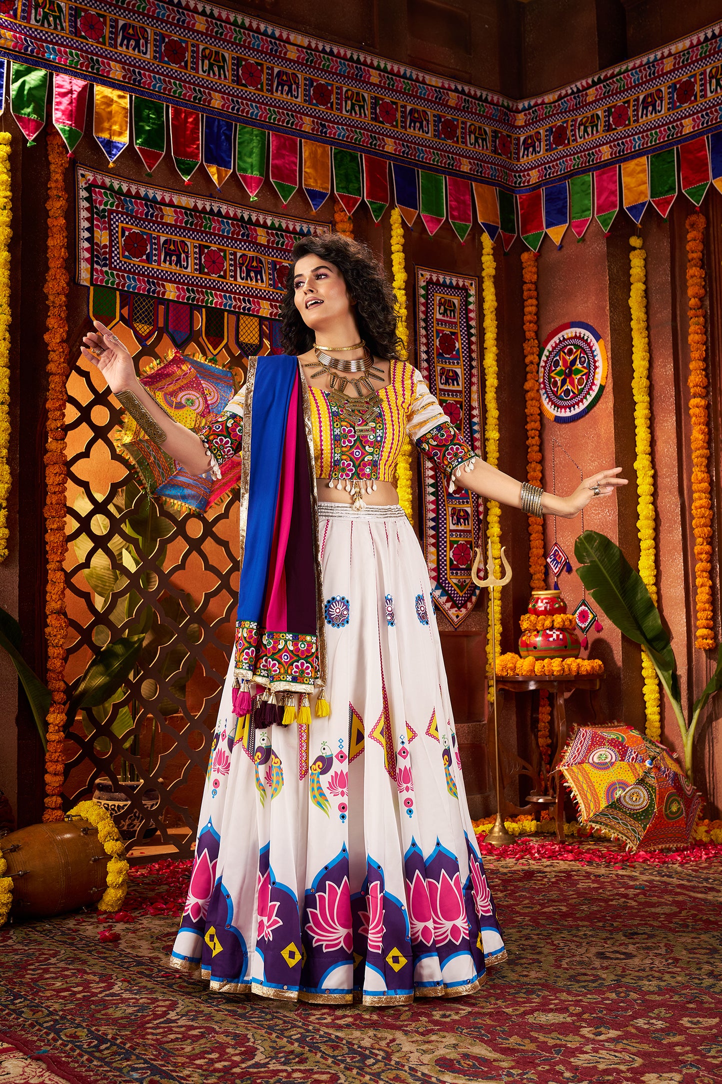 Traditional White Gajji Silk Mirror Work Navratri Lehenga Choli