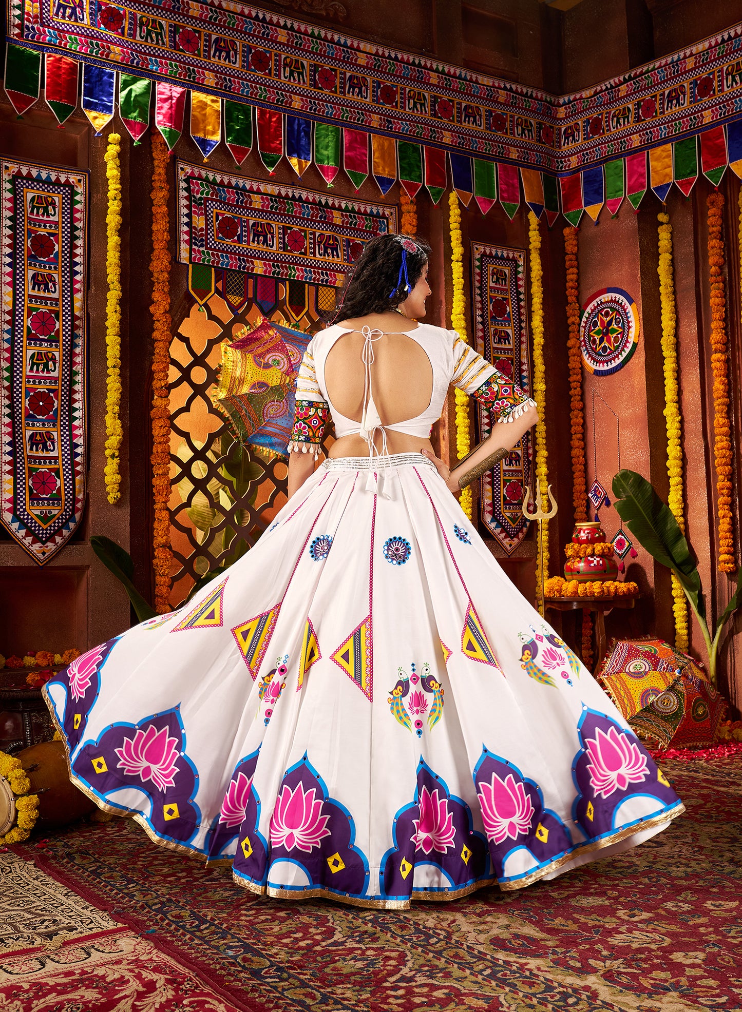 Traditional White Gajji Silk Mirror Work Navratri Lehenga Choli