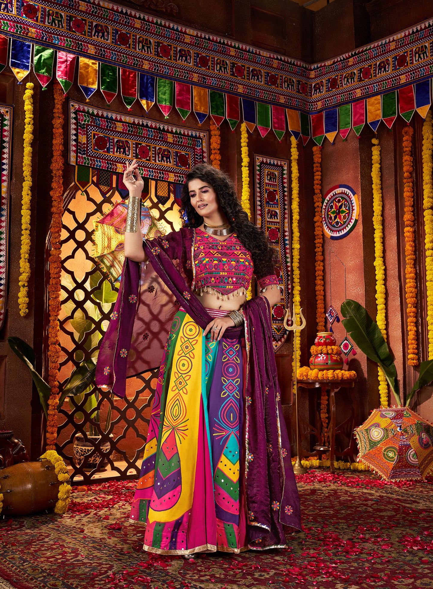 Traditional Multicolor Gajji Silk Mirror Work Navratri Lehenga Choli