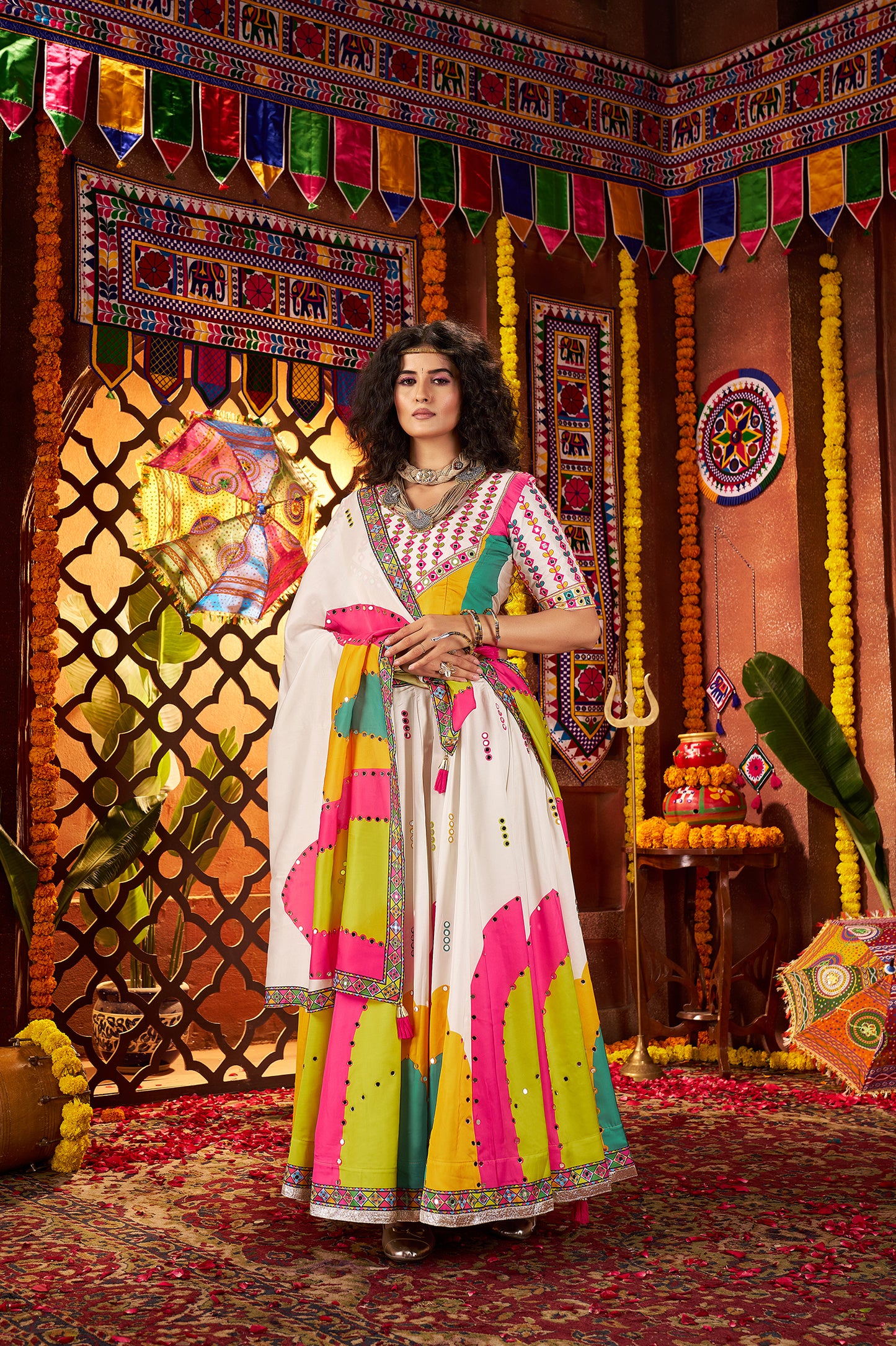 Traditional White Gajji Silk Mirror Work Navratri Lehenga Choli