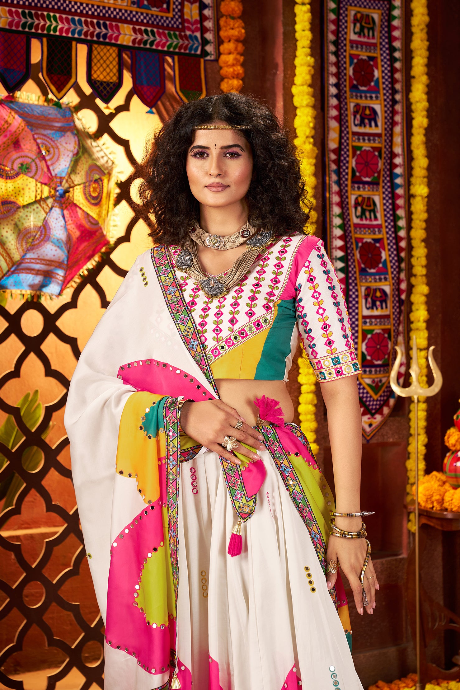 Traditional White Gajji Silk Mirror Work Navratri Lehenga Choli