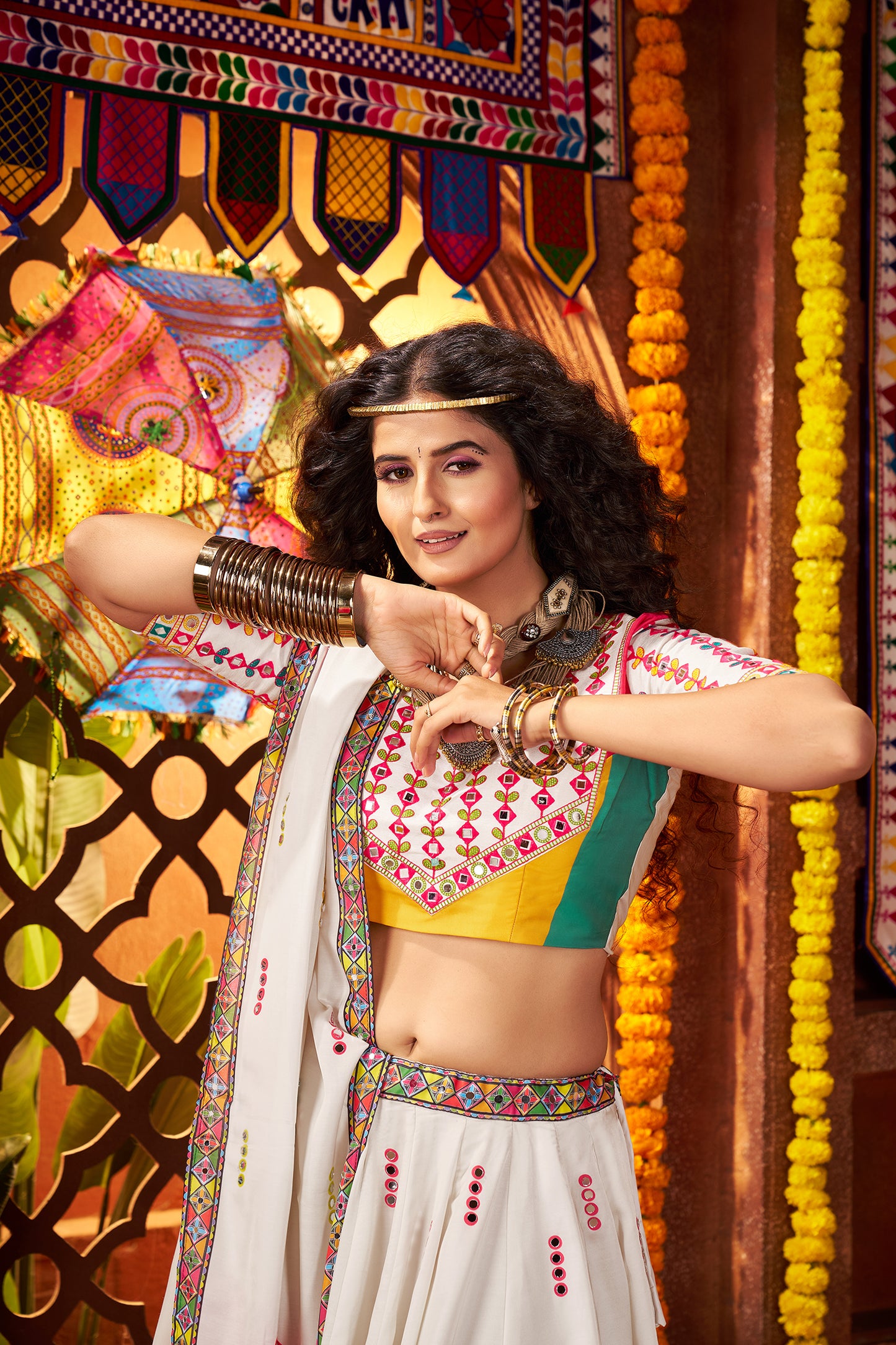 Traditional White Gajji Silk Mirror Work Navratri Lehenga Choli