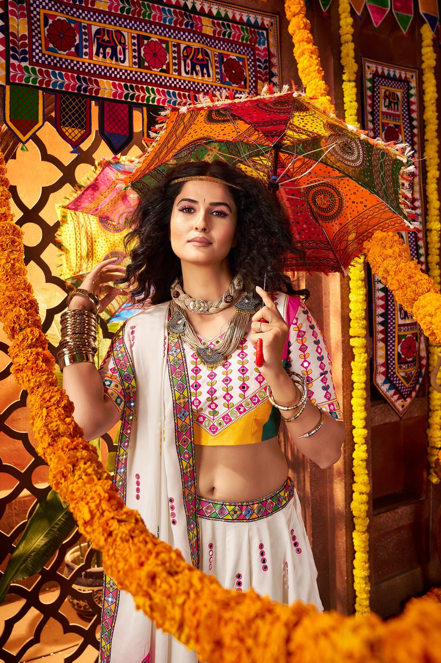 Traditional White Gajji Silk Mirror Work Navratri Lehenga Choli