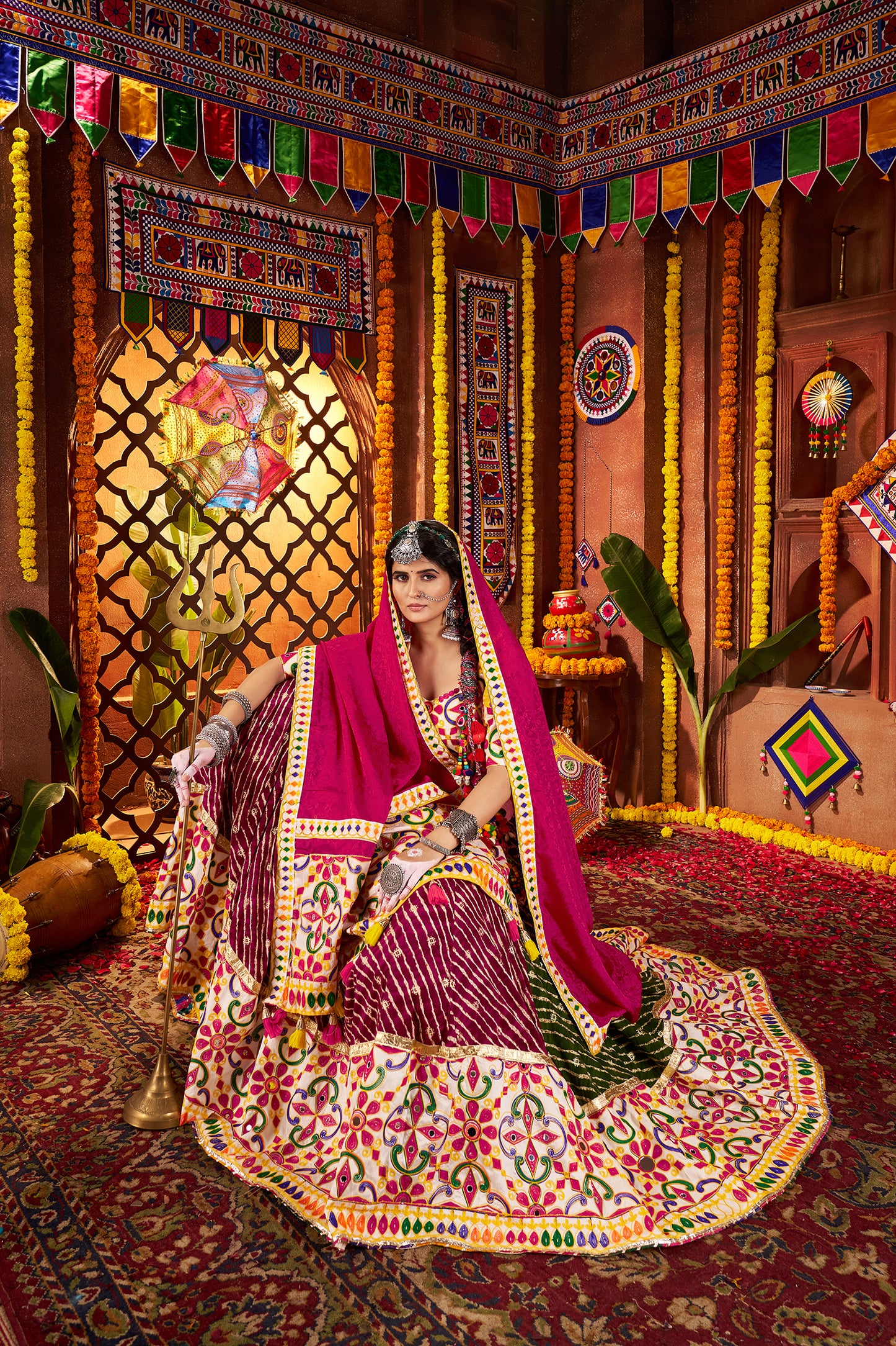 Colorful Viscose Cotton Mirror Work Navratri Lehenga Choli