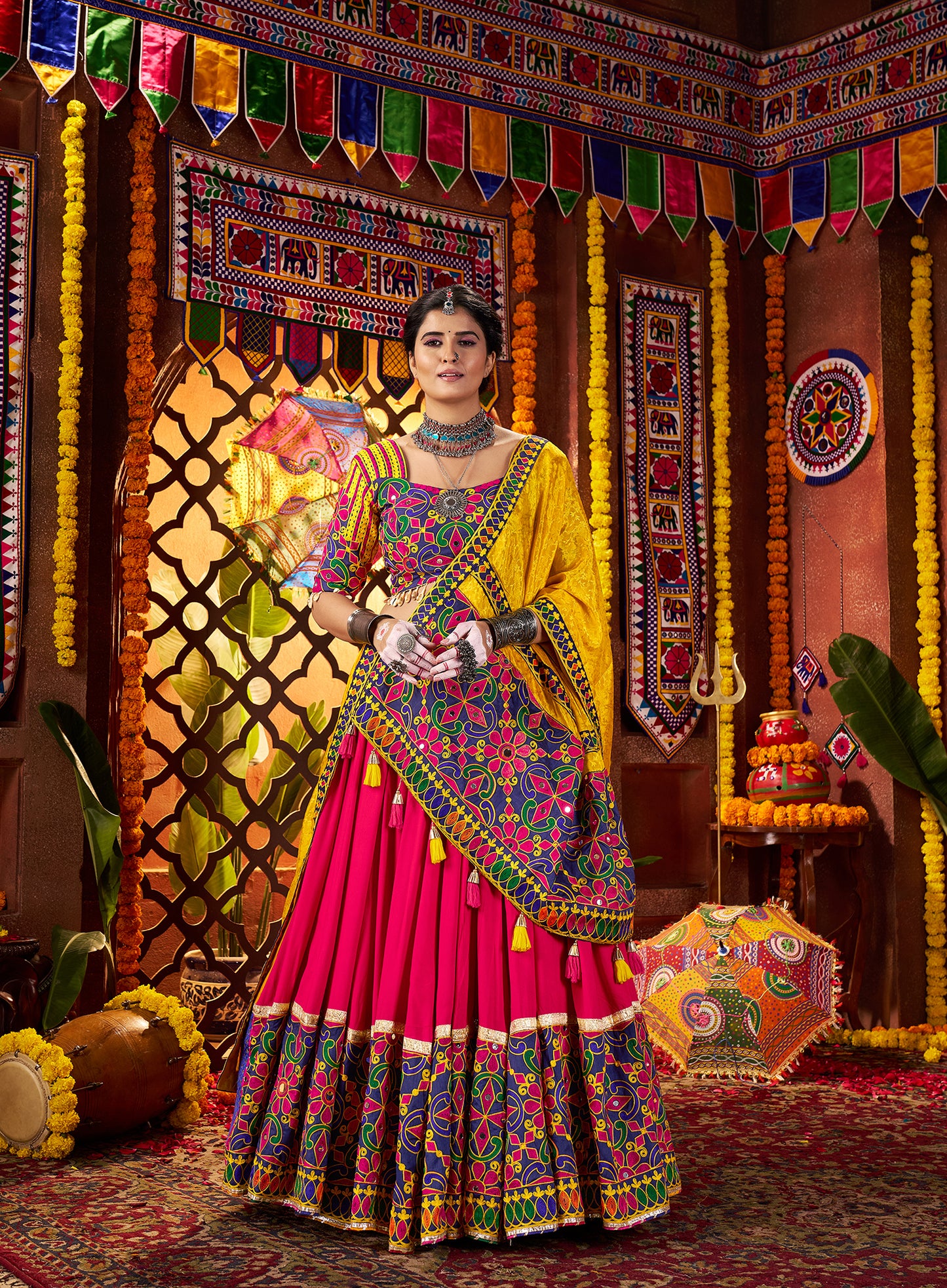 Pink Yellow Silk Dandiya Nights Navratri Lehenga Choli