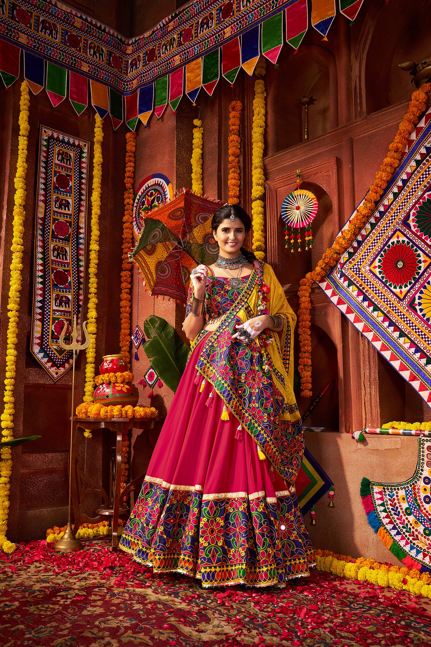 Pink Yellow Silk Dandiya Nights Navratri Lehenga Choli