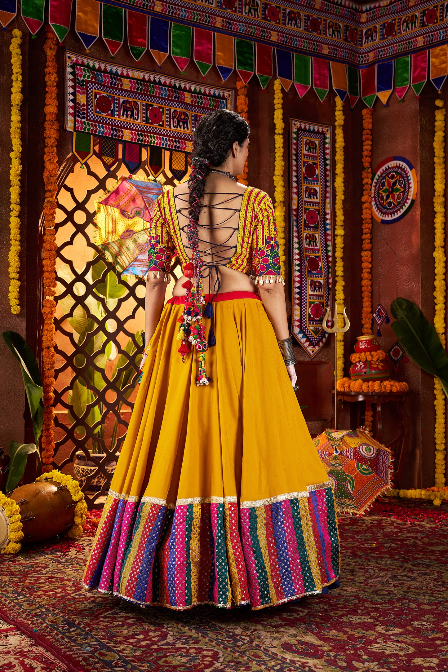 Pink Yellow Silk Dandiya Nights Navratri Lehenga Choli