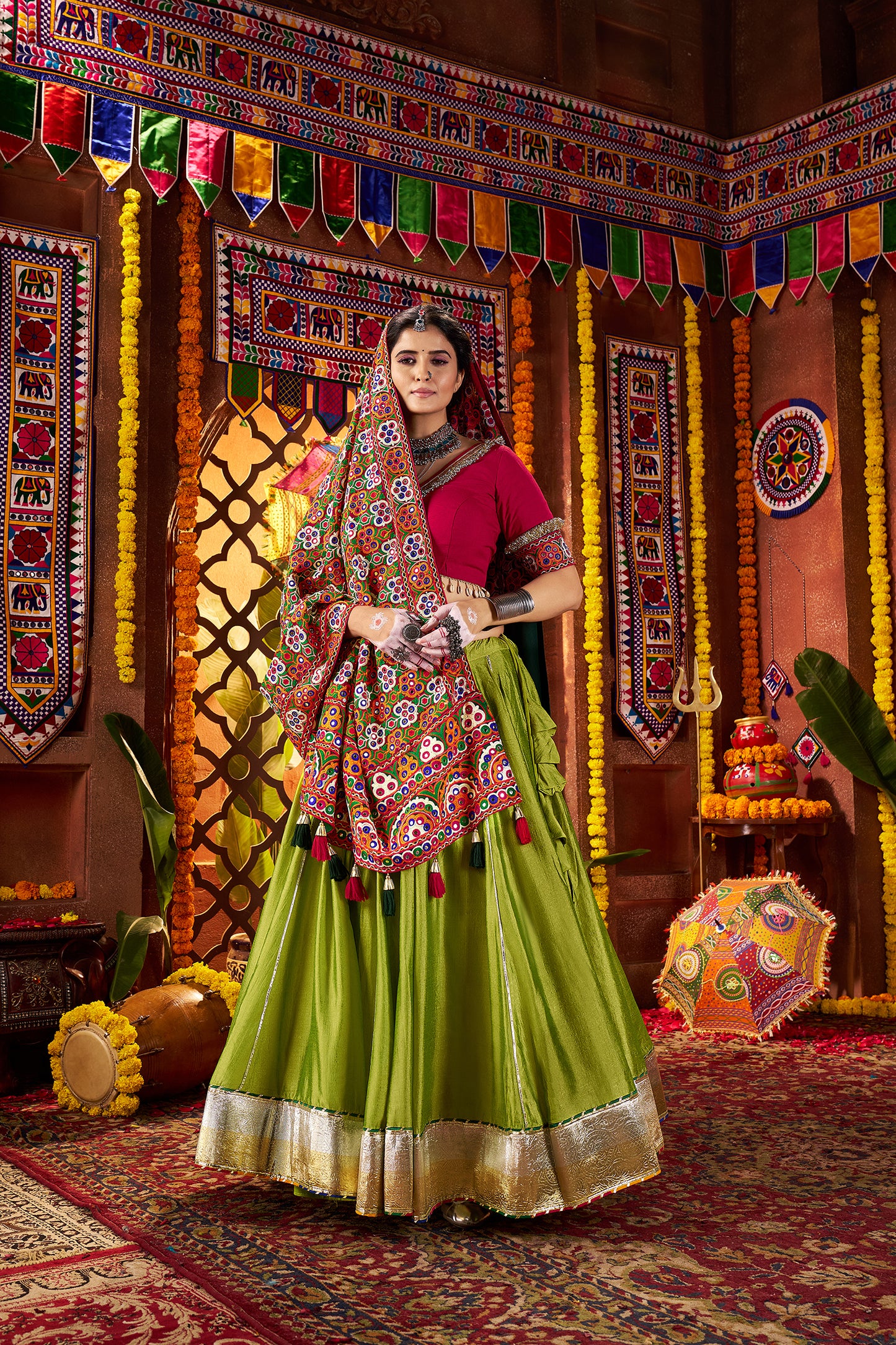 Fluorescent Green Silk Dandiya Nights Navratri Lehenga Choli