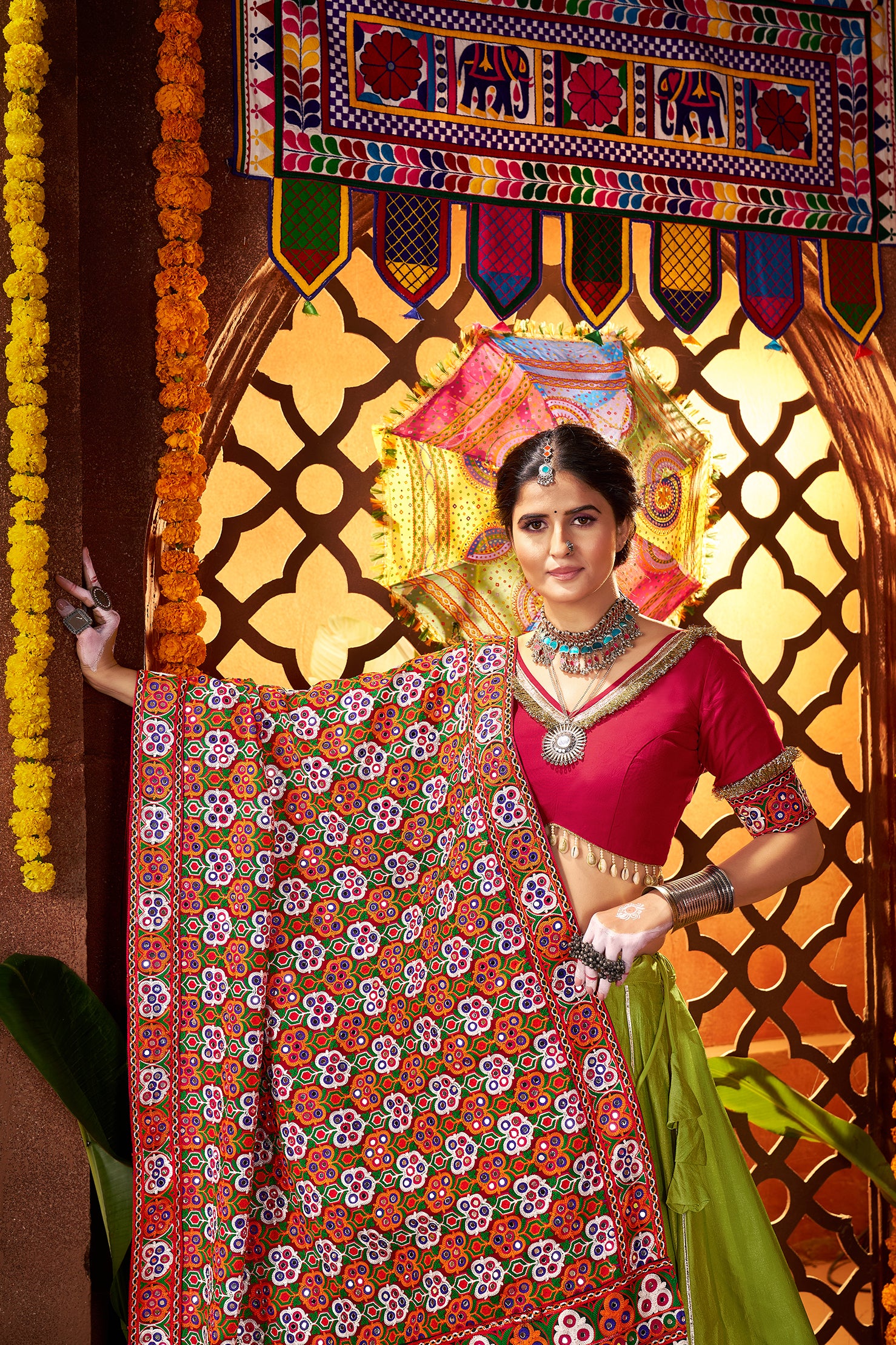 Fluorescent Green Silk Dandiya Nights Navratri Lehenga Choli