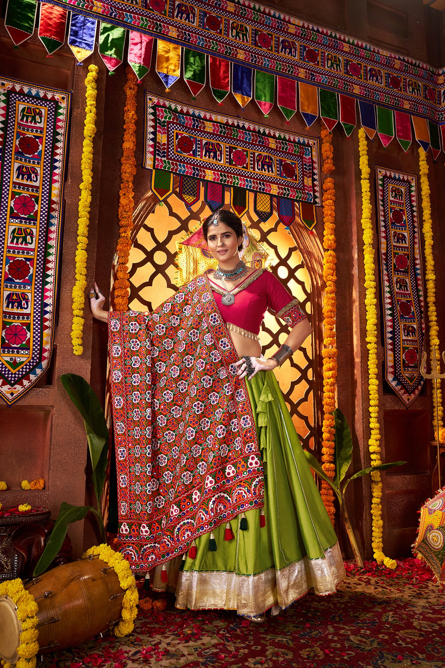 Fluorescent Green Silk Dandiya Nights Navratri Lehenga Choli