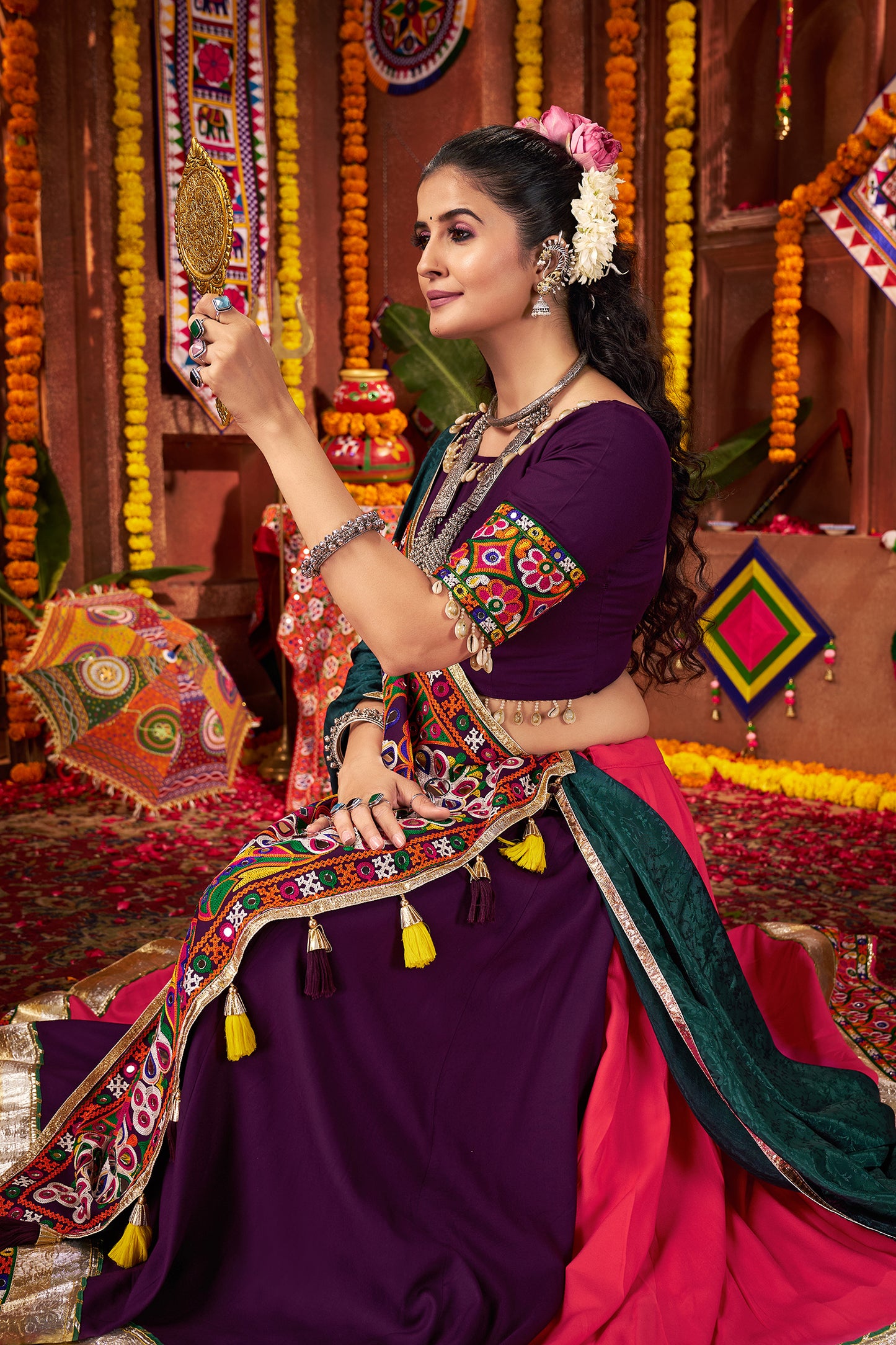 Traditional Purple Pink Mirror Work Navratri Lehenga Choli