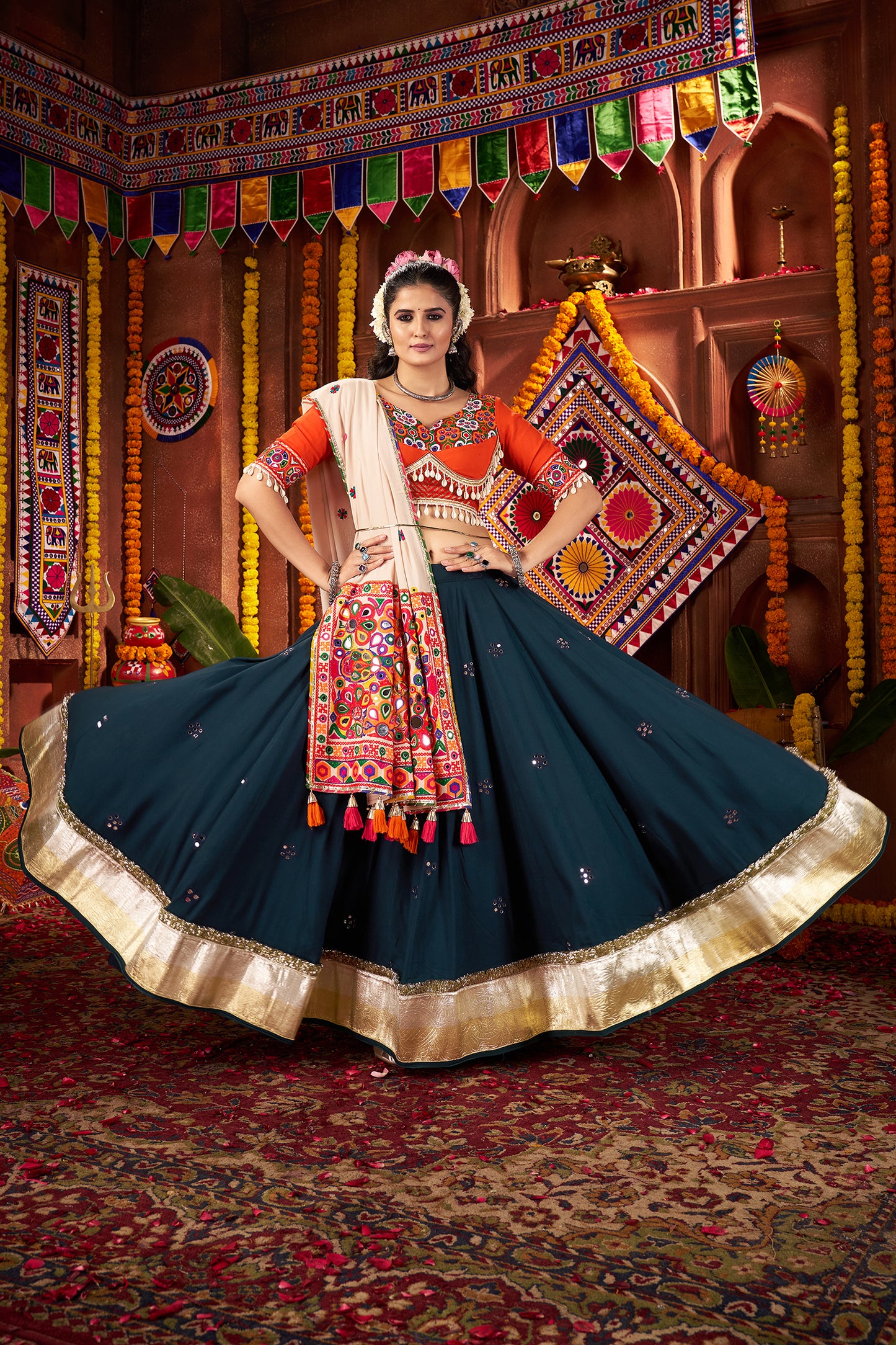 Teal Blue Mirror Work Navratri Lehenga Choli
