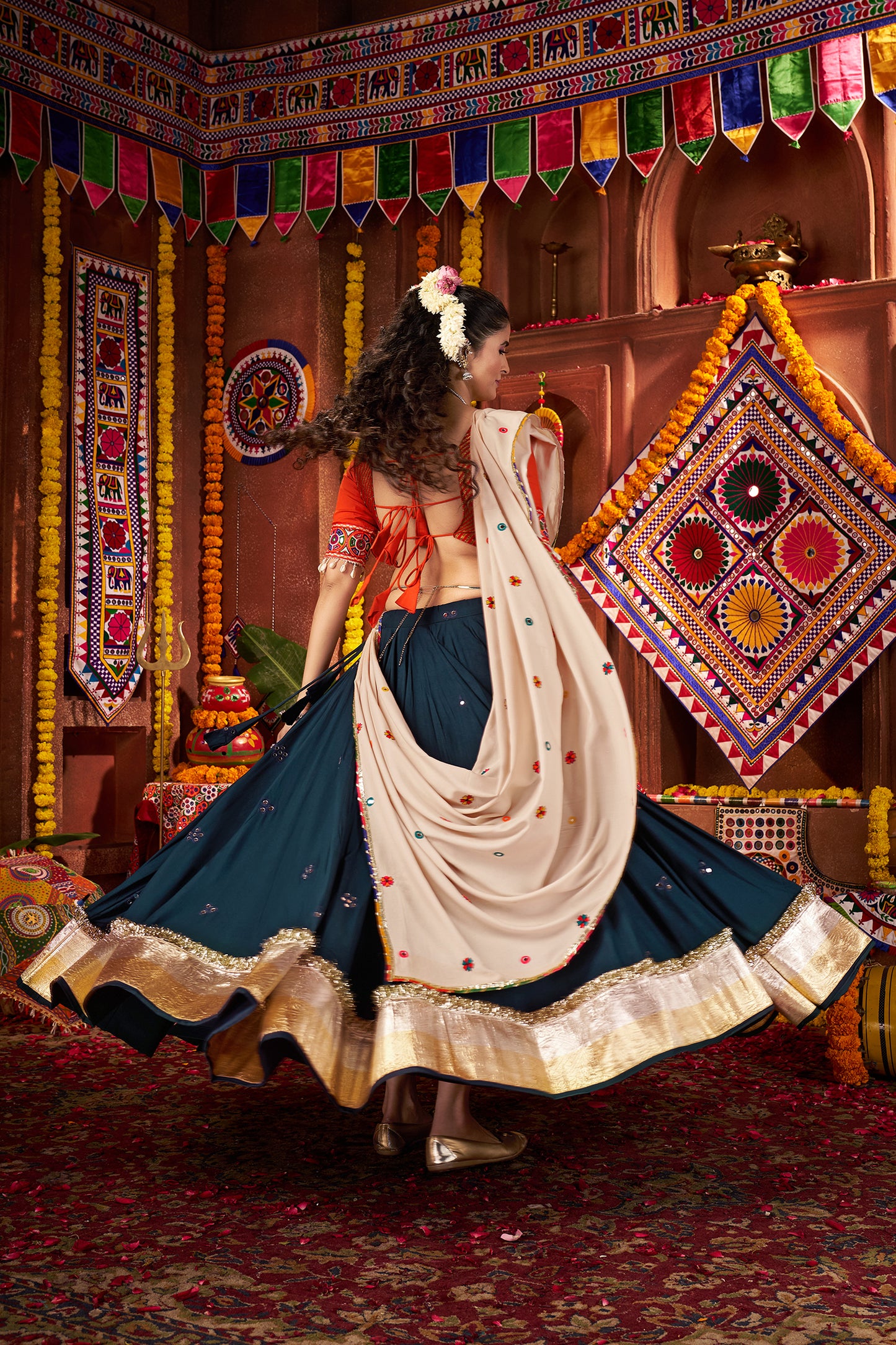 Teal Blue Mirror Work Navratri Lehenga Choli
