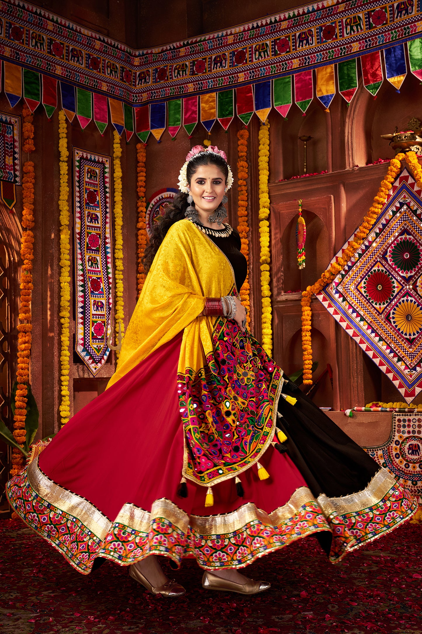 Traditional Black Pink Mirror Work Navratri Lehenga Choli