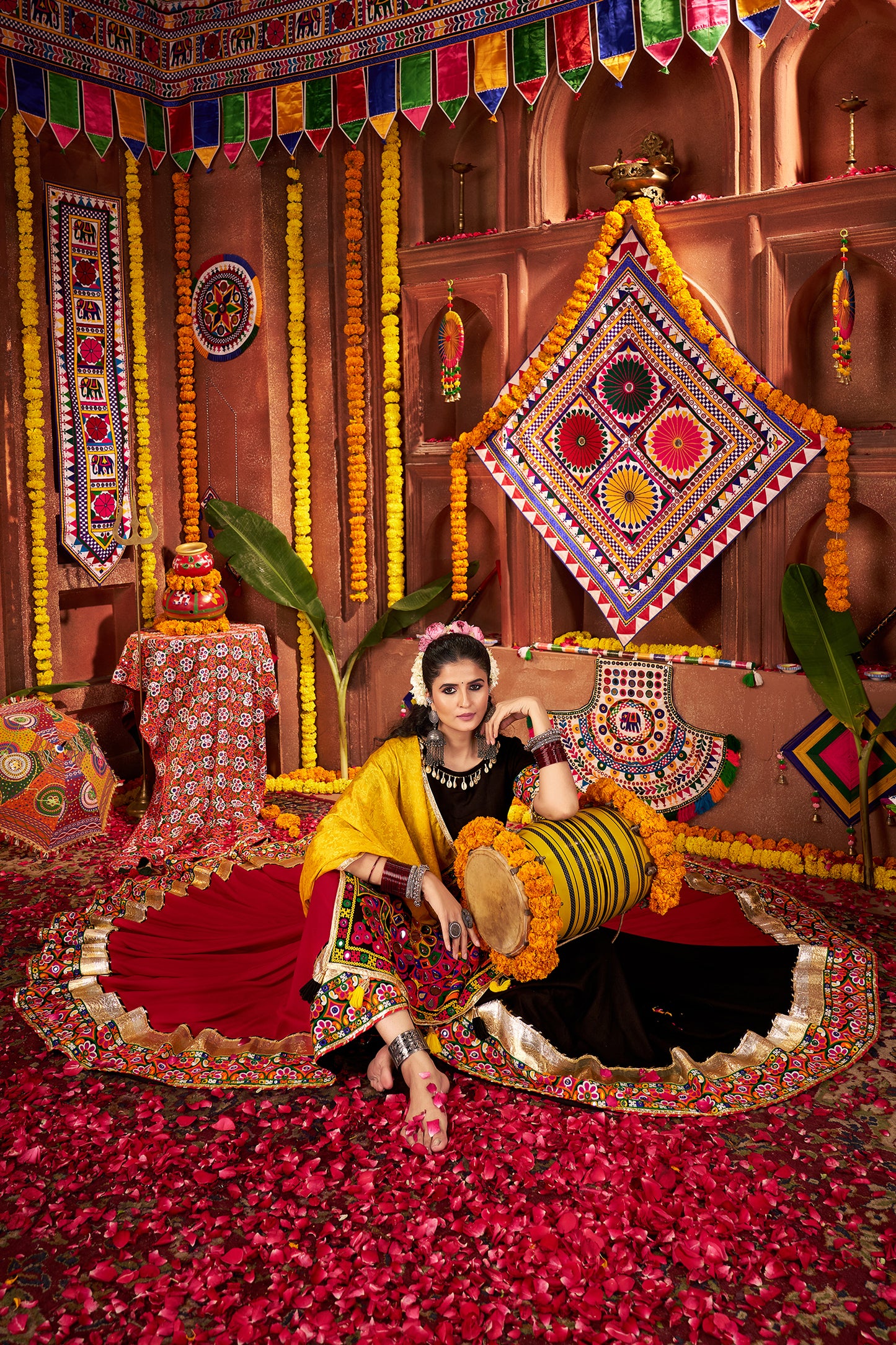 Traditional Black Pink Mirror Work Navratri Lehenga Choli