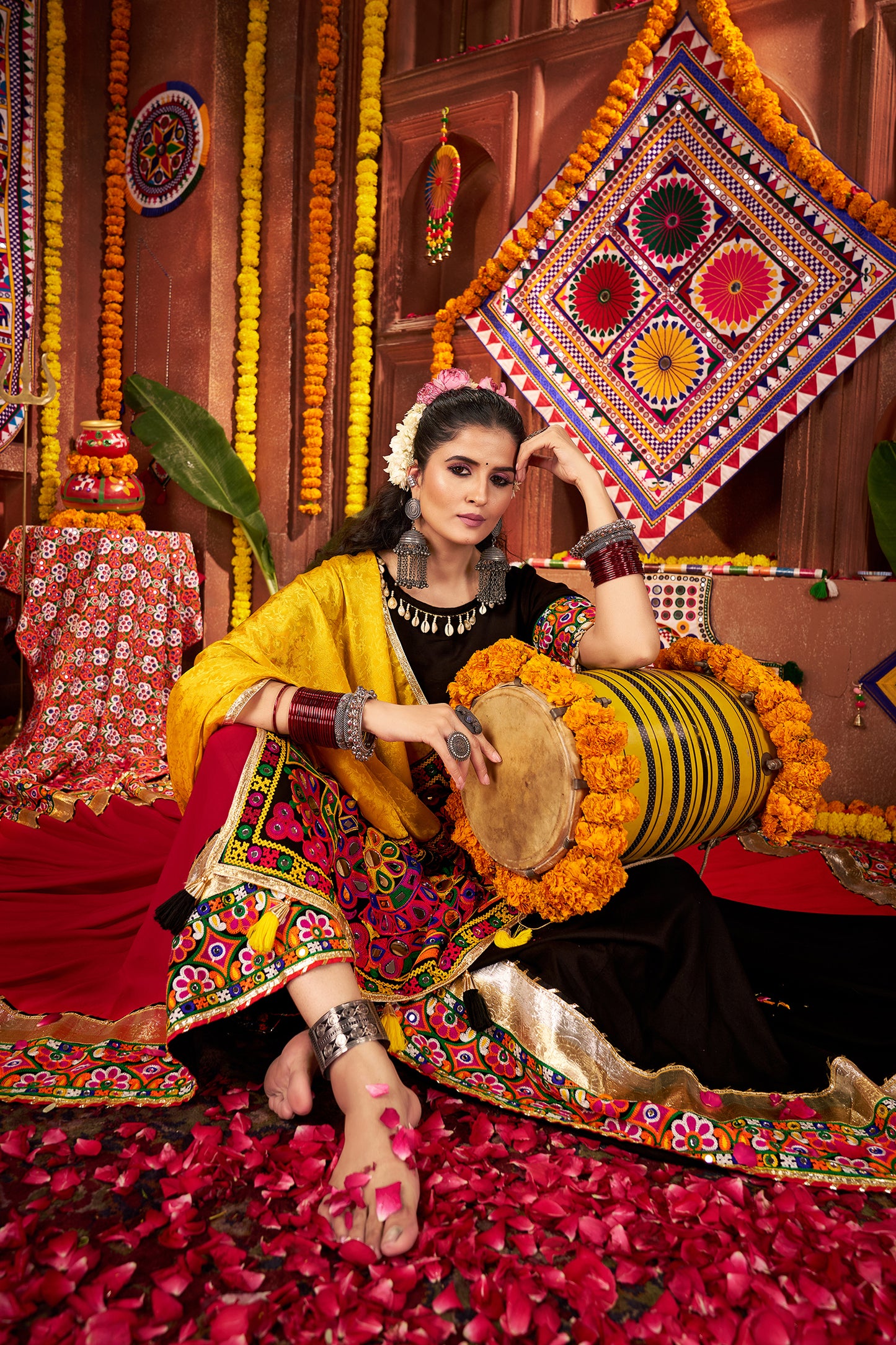 Traditional Black Pink Mirror Work Navratri Lehenga Choli