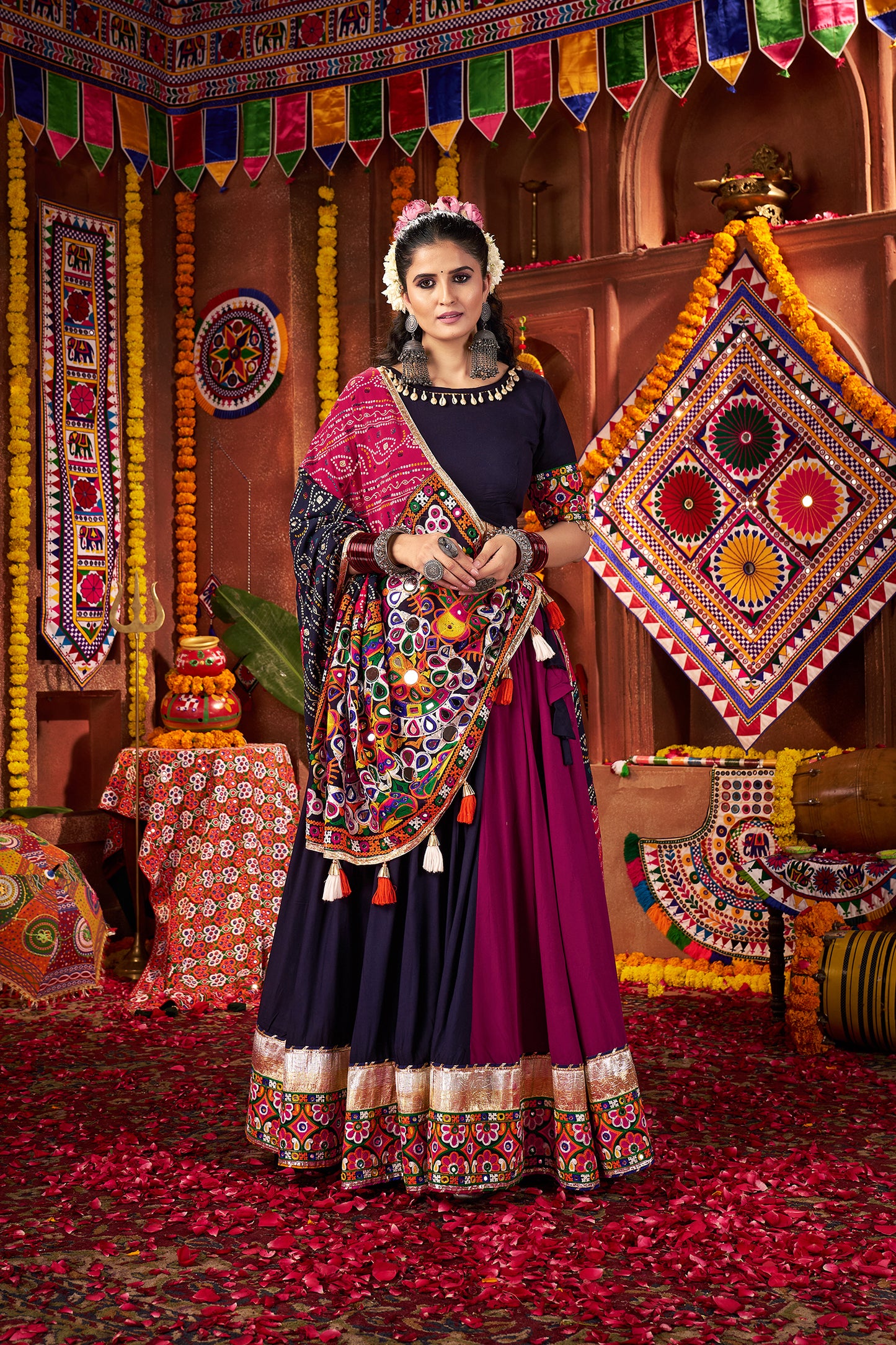 Traditional Navy Blue Mirror Work Navratri Lehenga Choli