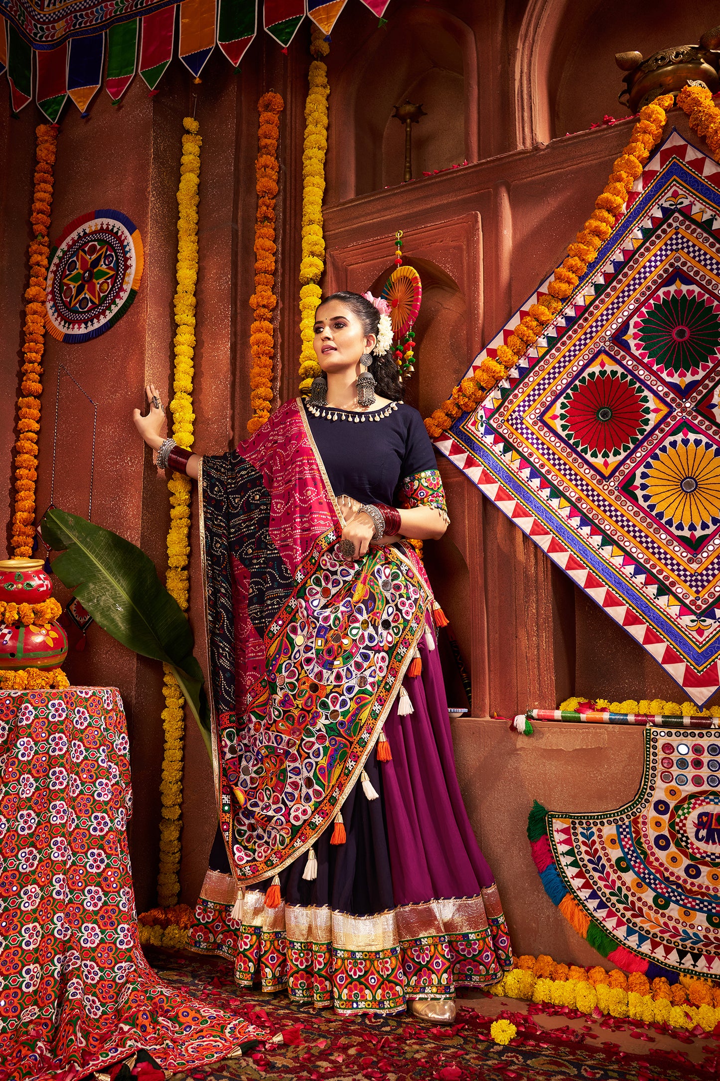Traditional Navy Blue Mirror Work Navratri Lehenga Choli