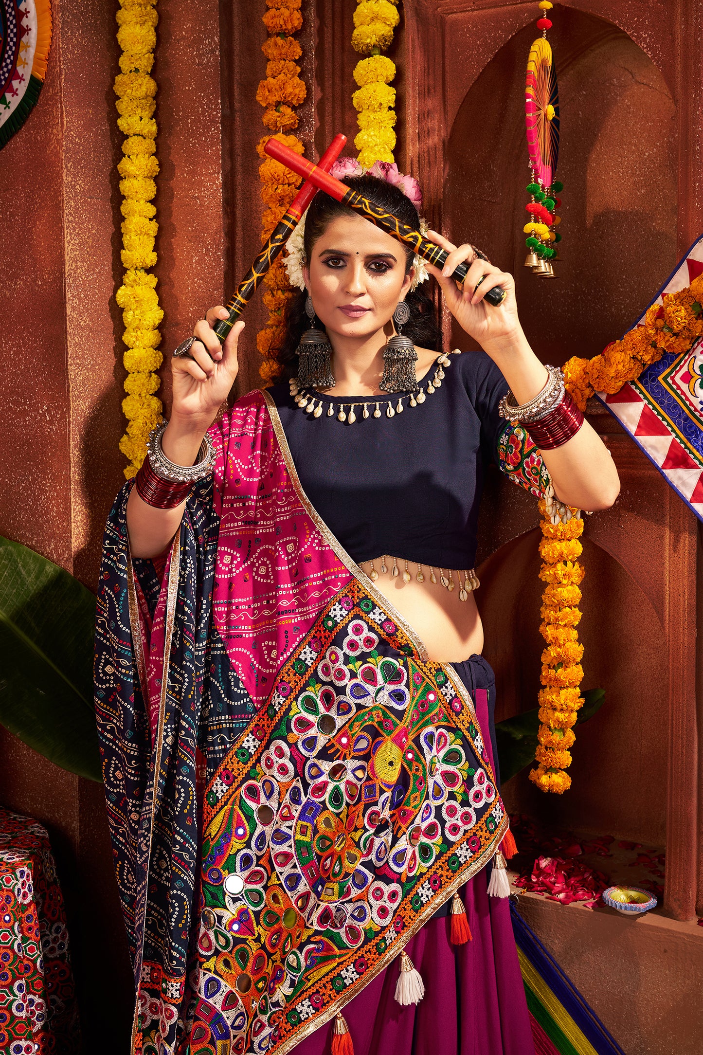 Traditional Navy Blue Mirror Work Navratri Lehenga Choli