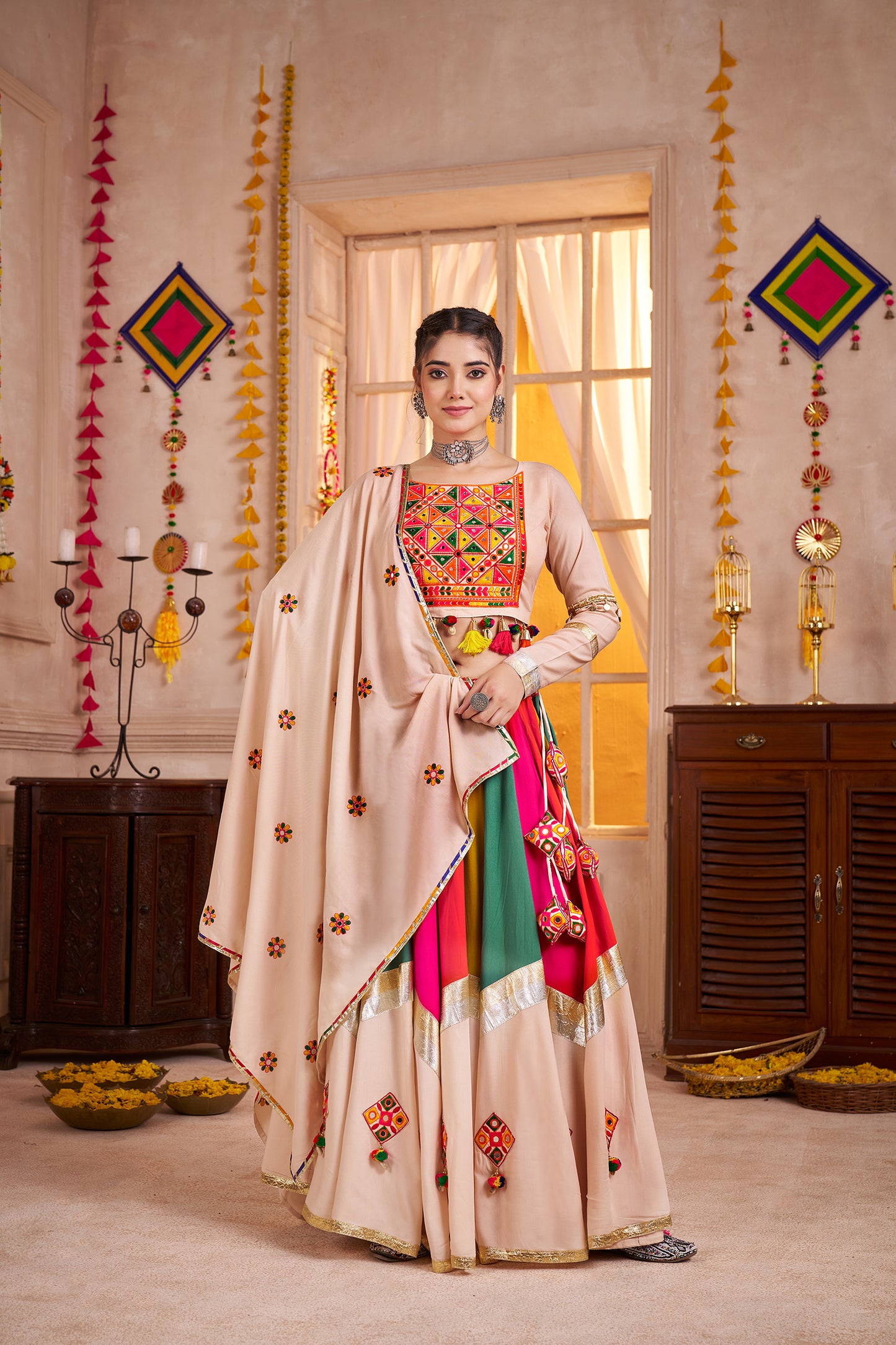Beige Viscose Cotton Multi Color Navratri Lehenga Choli