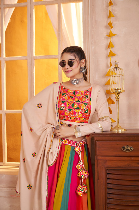 Beige Viscose Cotton Multi Color Navratri Lehenga Choli