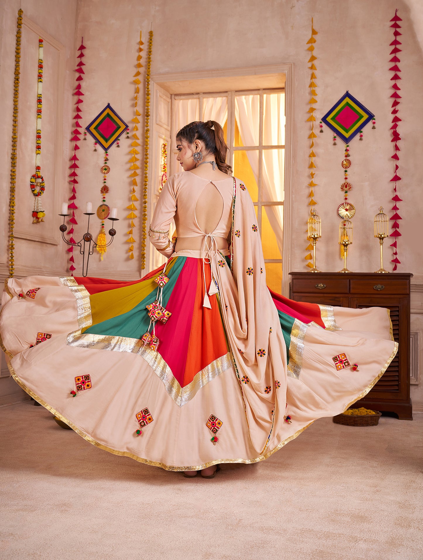 Beige Viscose Cotton Multi Color Navratri Lehenga Choli