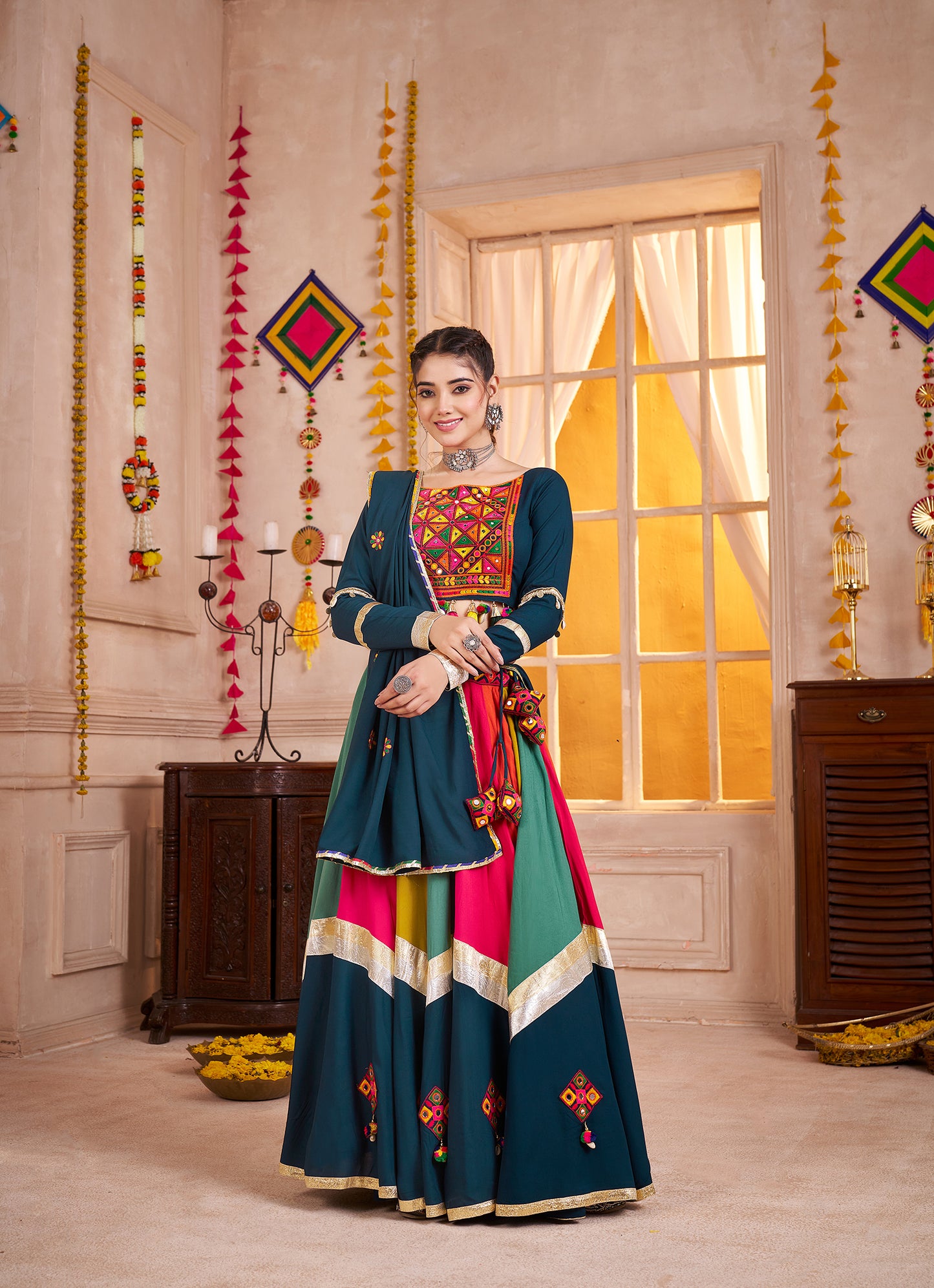 Teal Blue Viscose Cotton Multi Color Navratri Lehenga Choli