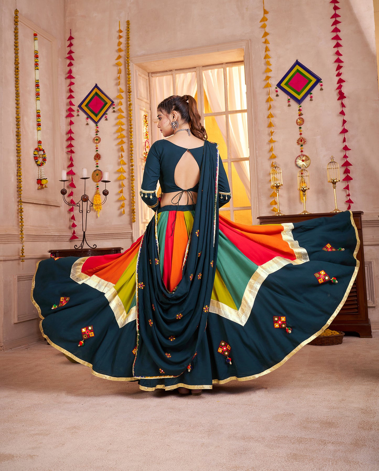 Teal Blue Viscose Cotton Multi Color Navratri Lehenga Choli