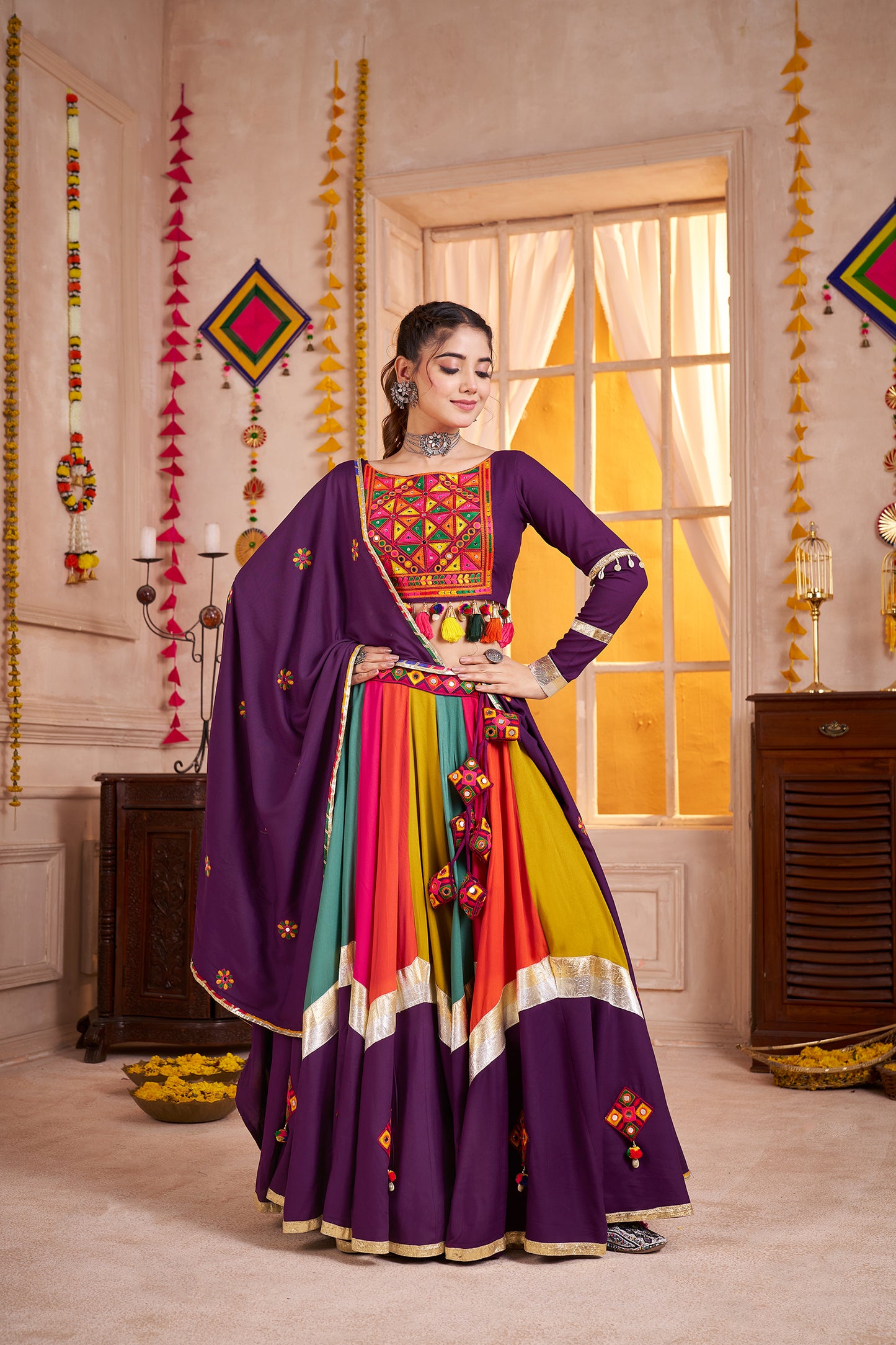 Gorgeous Purple Viscose Cotton Multi Color Navratri Lehenga Choli