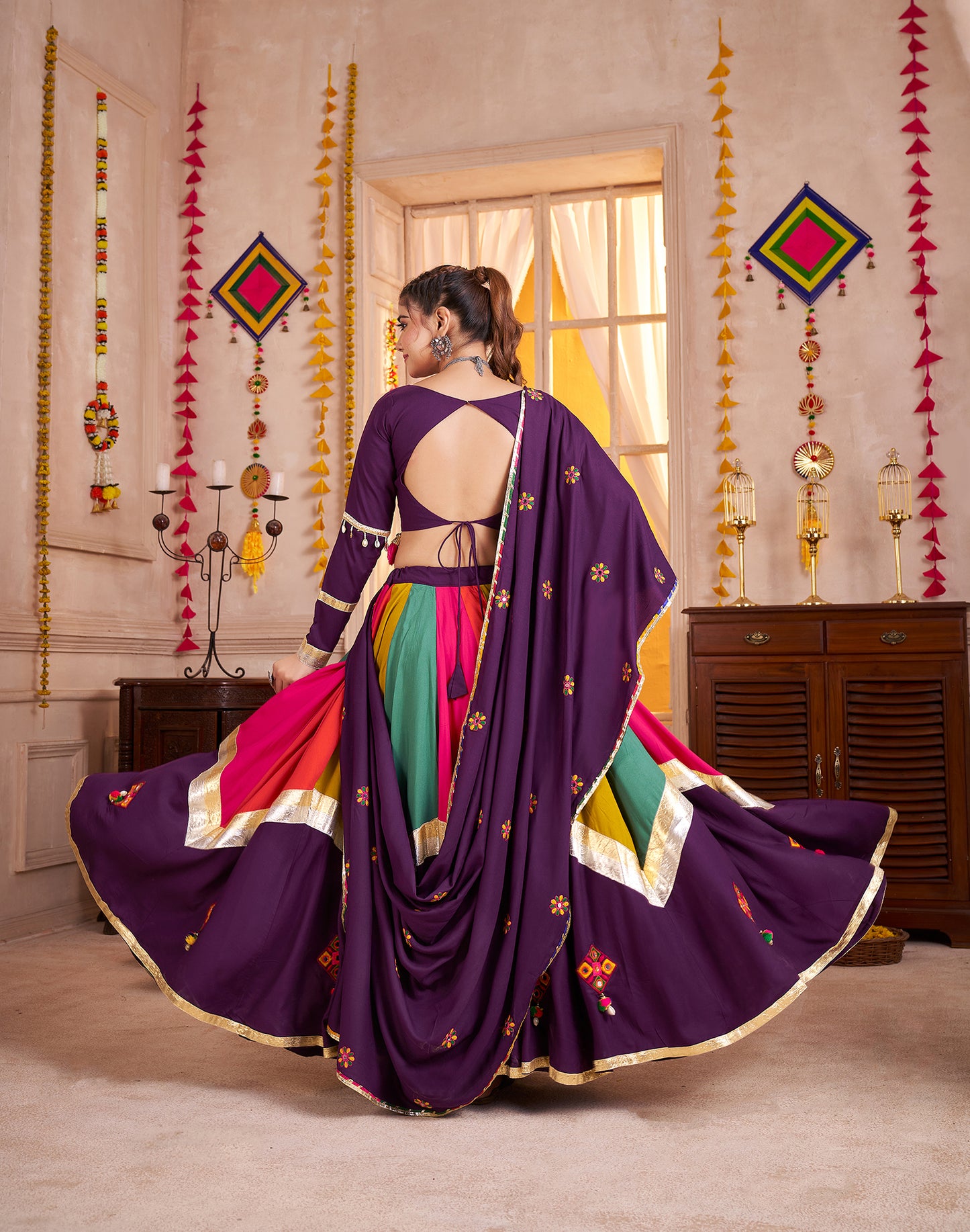 Gorgeous Purple Viscose Cotton Multi Color Navratri Lehenga Choli